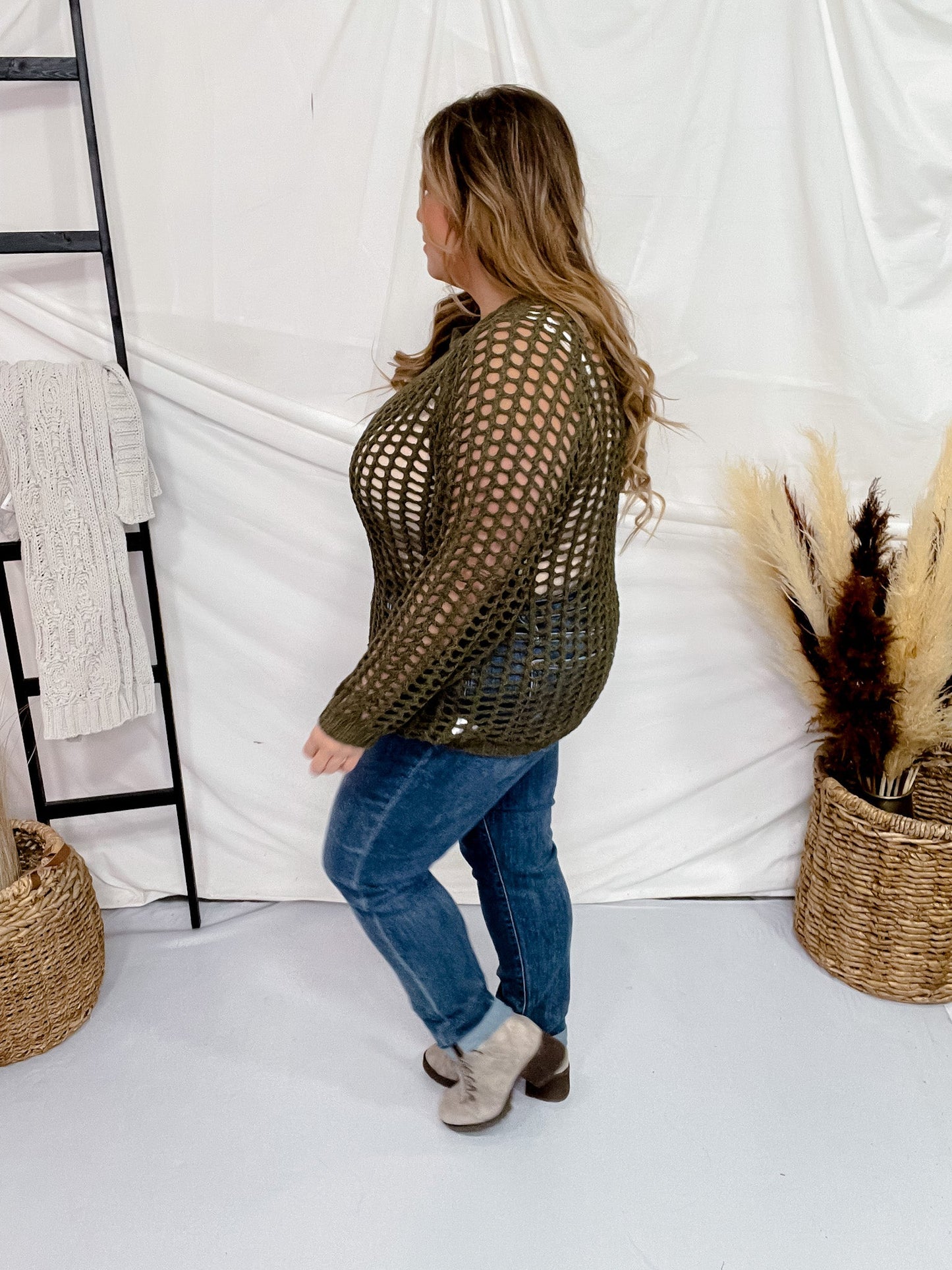 Olive Hollow Knit Long Sleeve Top - Whiskey Skies - GEEGEE