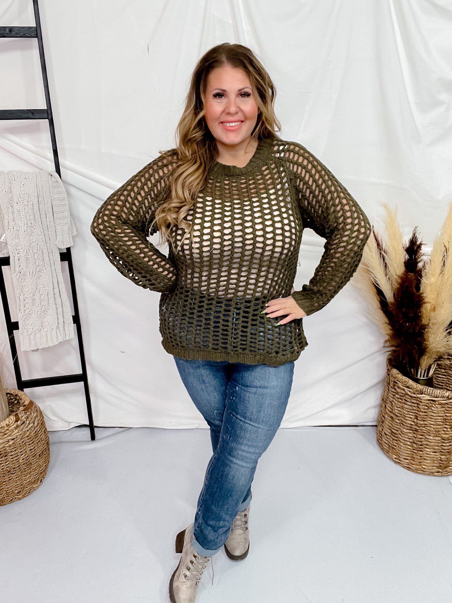 Olive Hollow Knit Long Sleeve Top - Whiskey Skies - GEEGEE