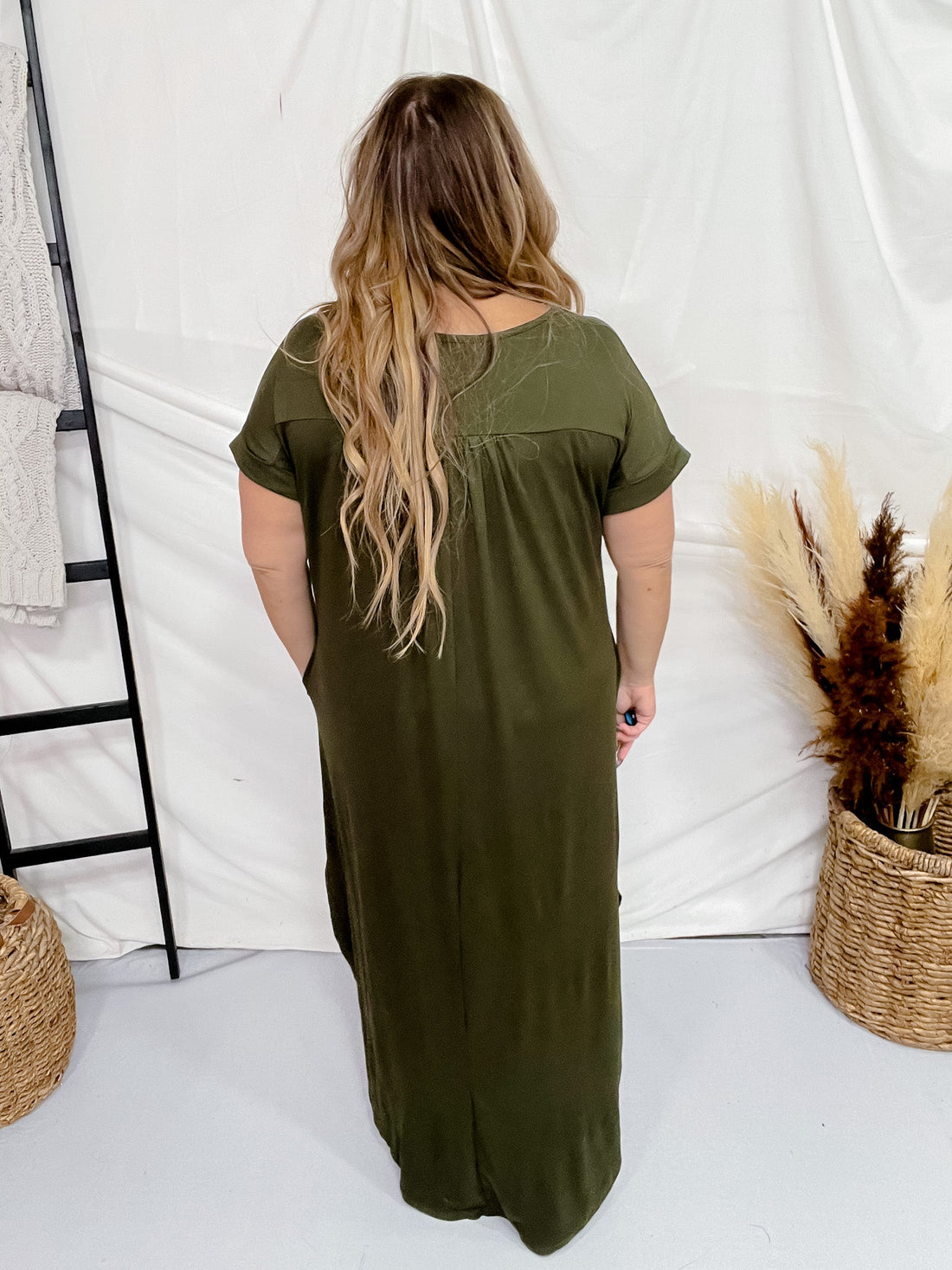 Olive Jersey Knit V - Neck Maxi Dress - Whiskey Skies - ENTRO