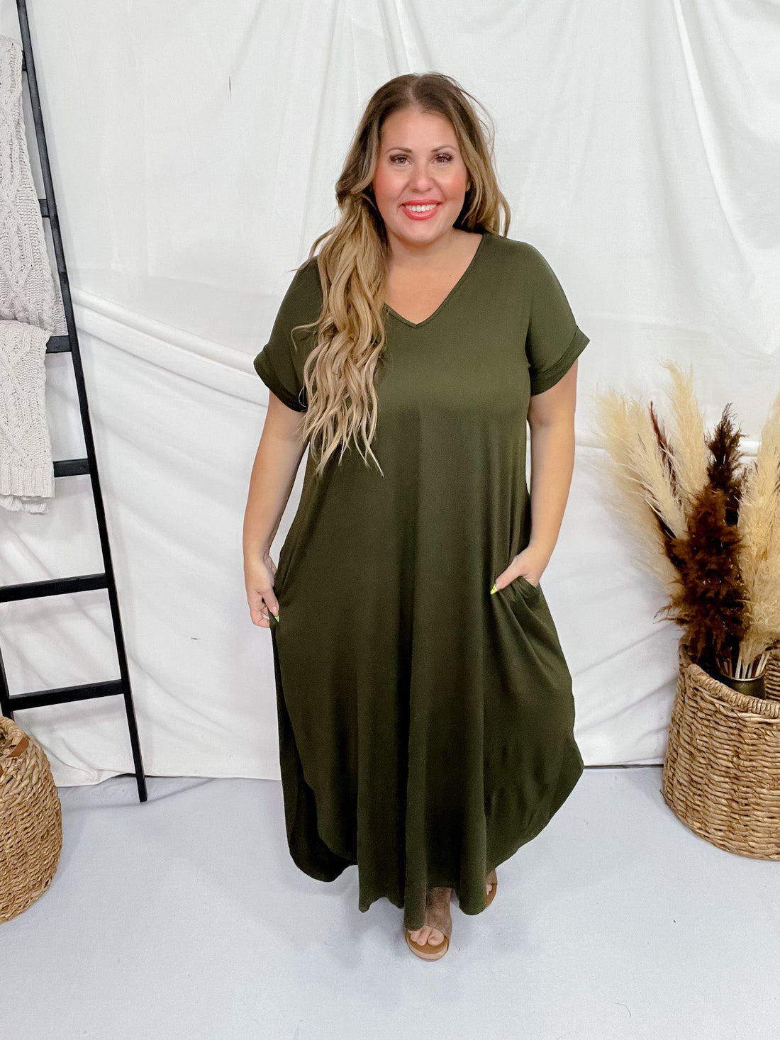 Olive Jersey Knit V - Neck Maxi Dress - Whiskey Skies - ENTRO