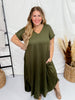 Olive Jersey Knit V - Neck Maxi Dress - Whiskey Skies - ENTRO