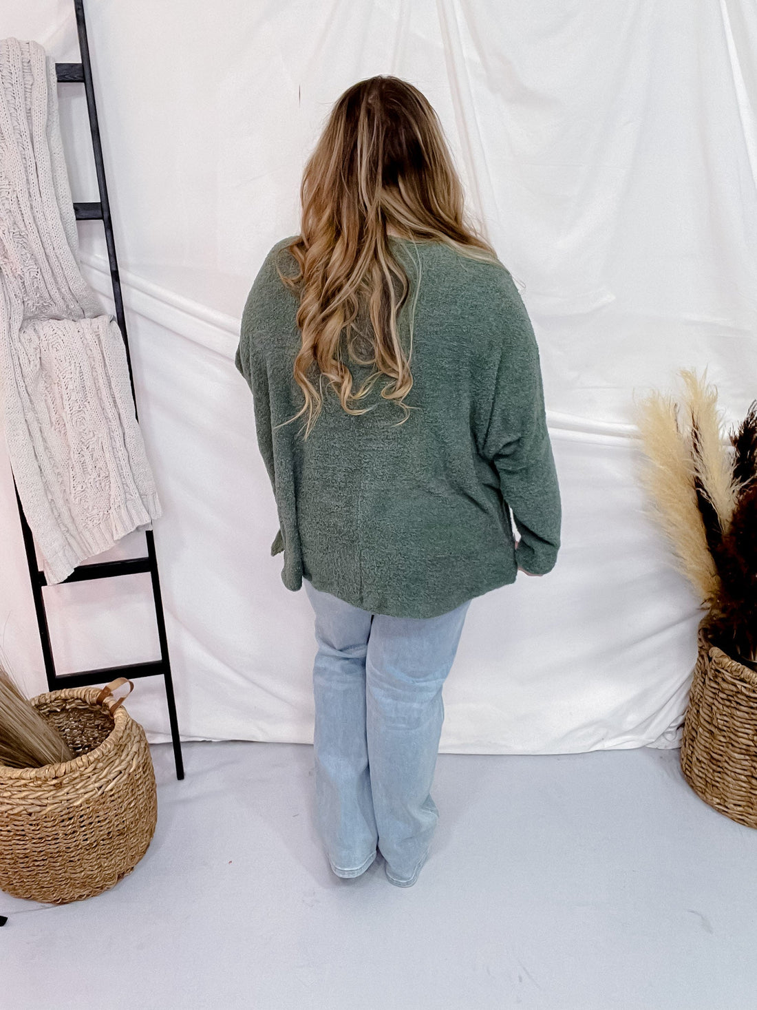 Olive Long Sleeve Fuzzy V - Neck Sweater - Whiskey Skies - BE STAGE