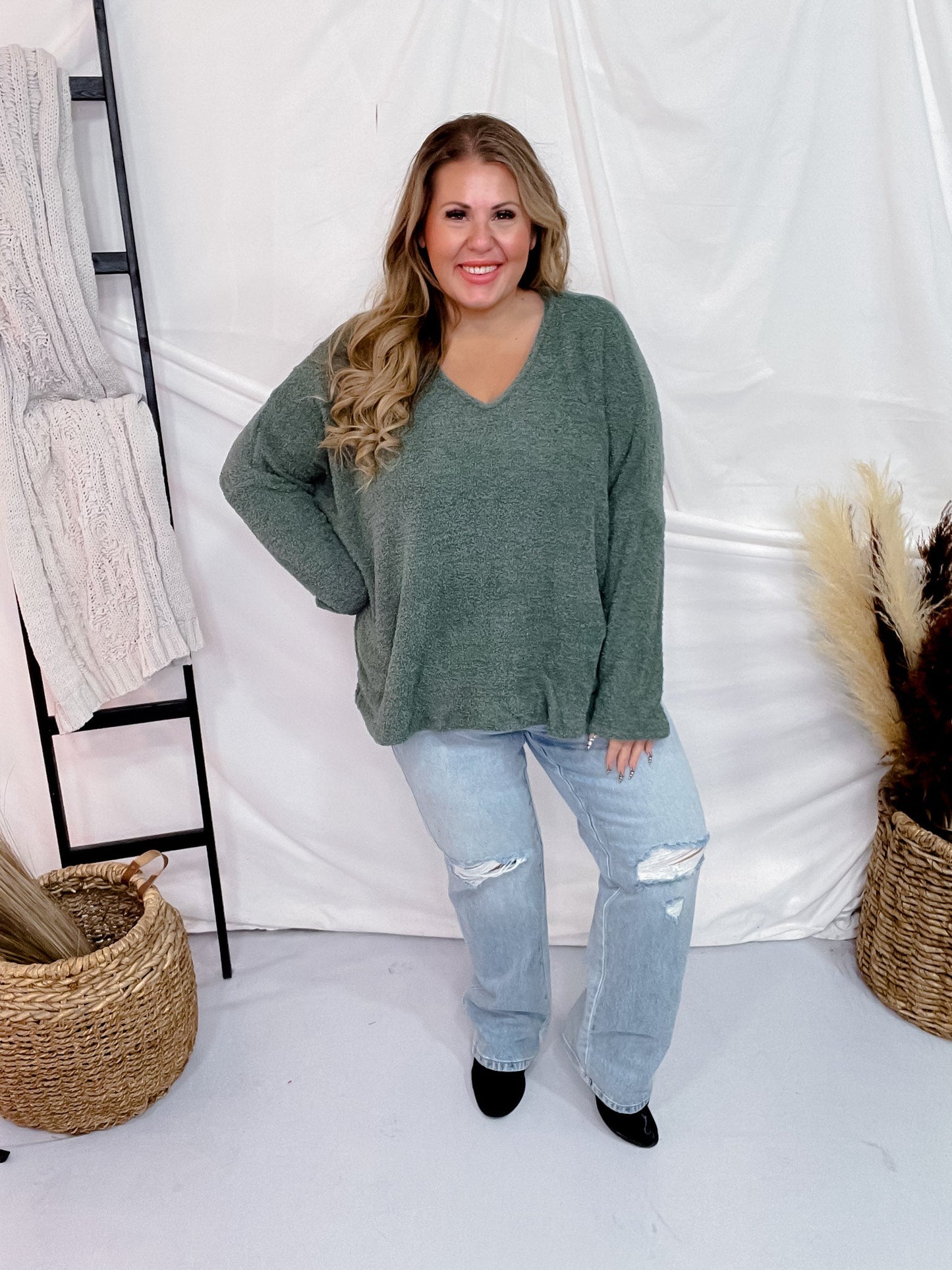 Olive Long Sleeve Fuzzy V - Neck Sweater - Whiskey Skies - BE STAGE