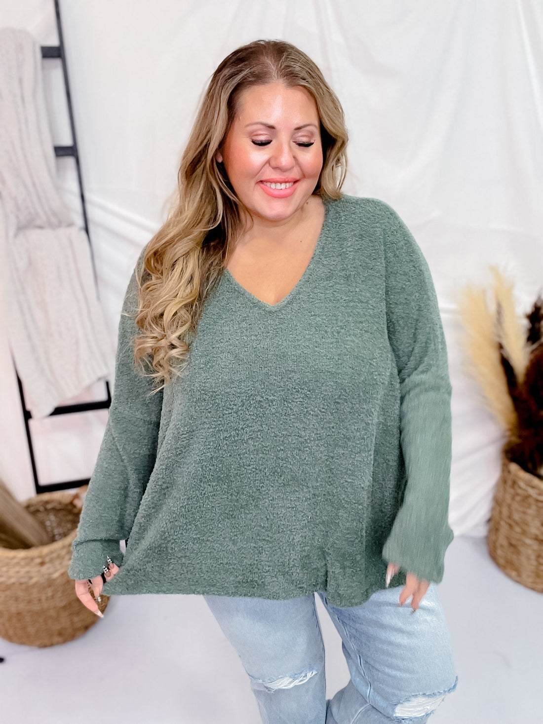 Olive Long Sleeve Fuzzy V - Neck Sweater - Whiskey Skies - BE STAGE