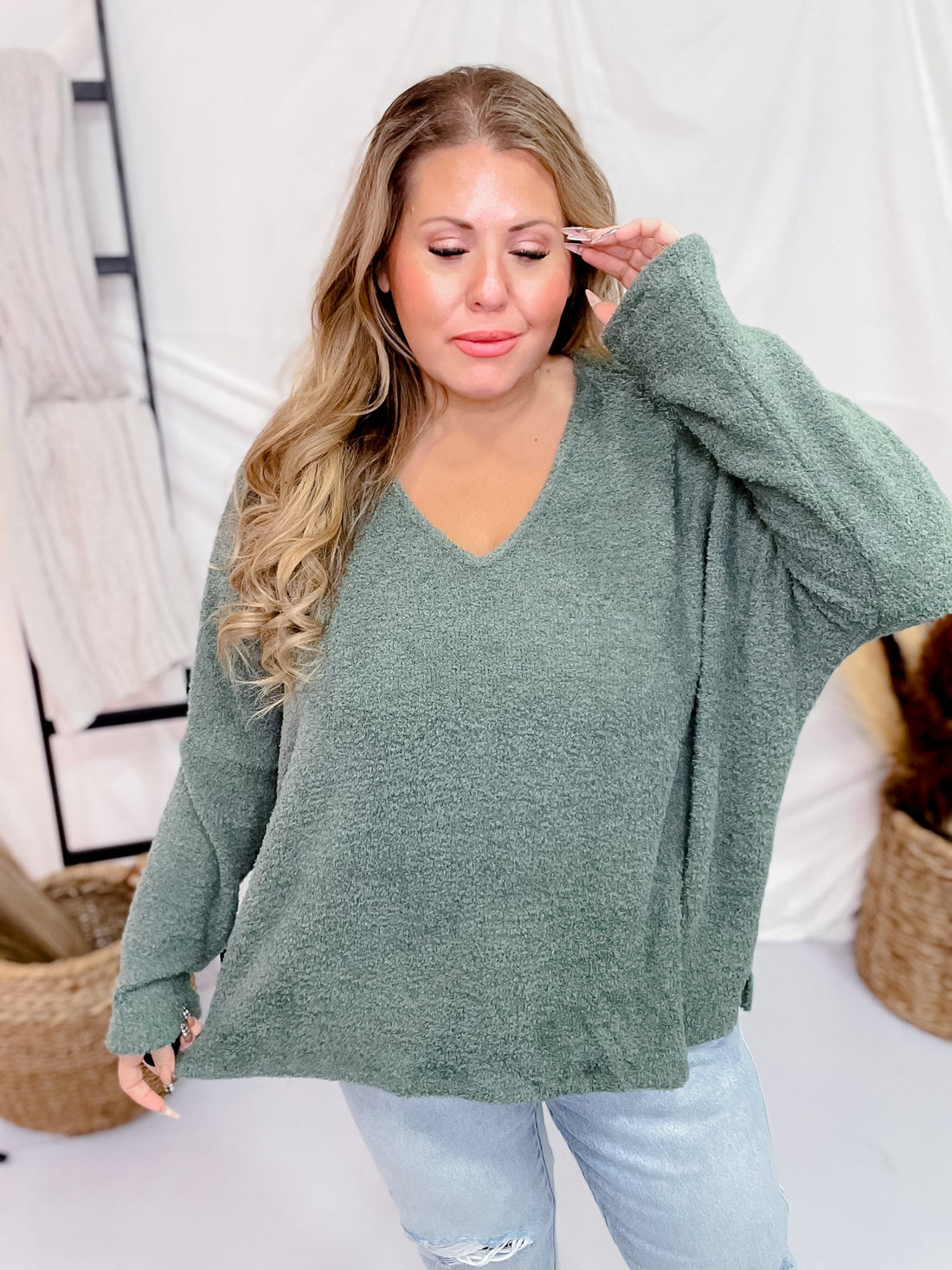 Olive Long Sleeve Fuzzy V - Neck Sweater - Whiskey Skies - BE STAGE