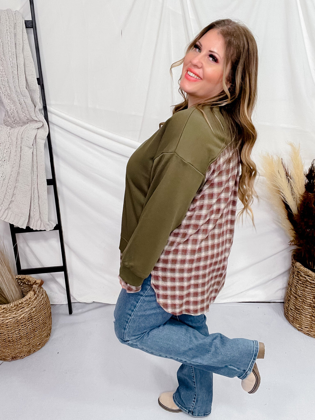 Olive Long Sleeve Sweater With Plaid Layer Contrast - Whiskey Skies - SHE + SKY