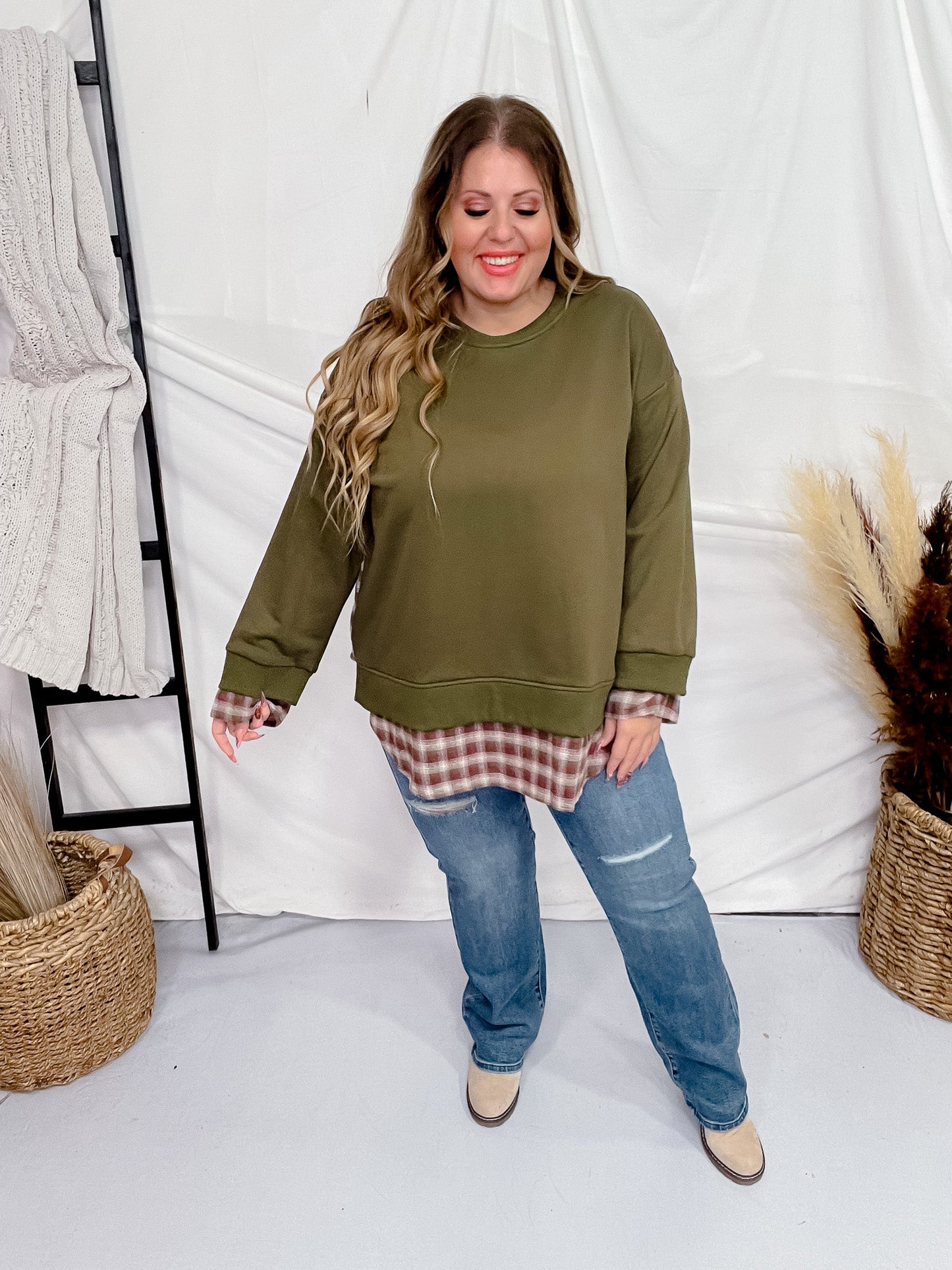 Olive Long Sleeve Sweater With Plaid Layer Contrast - Whiskey Skies - SHE + SKY