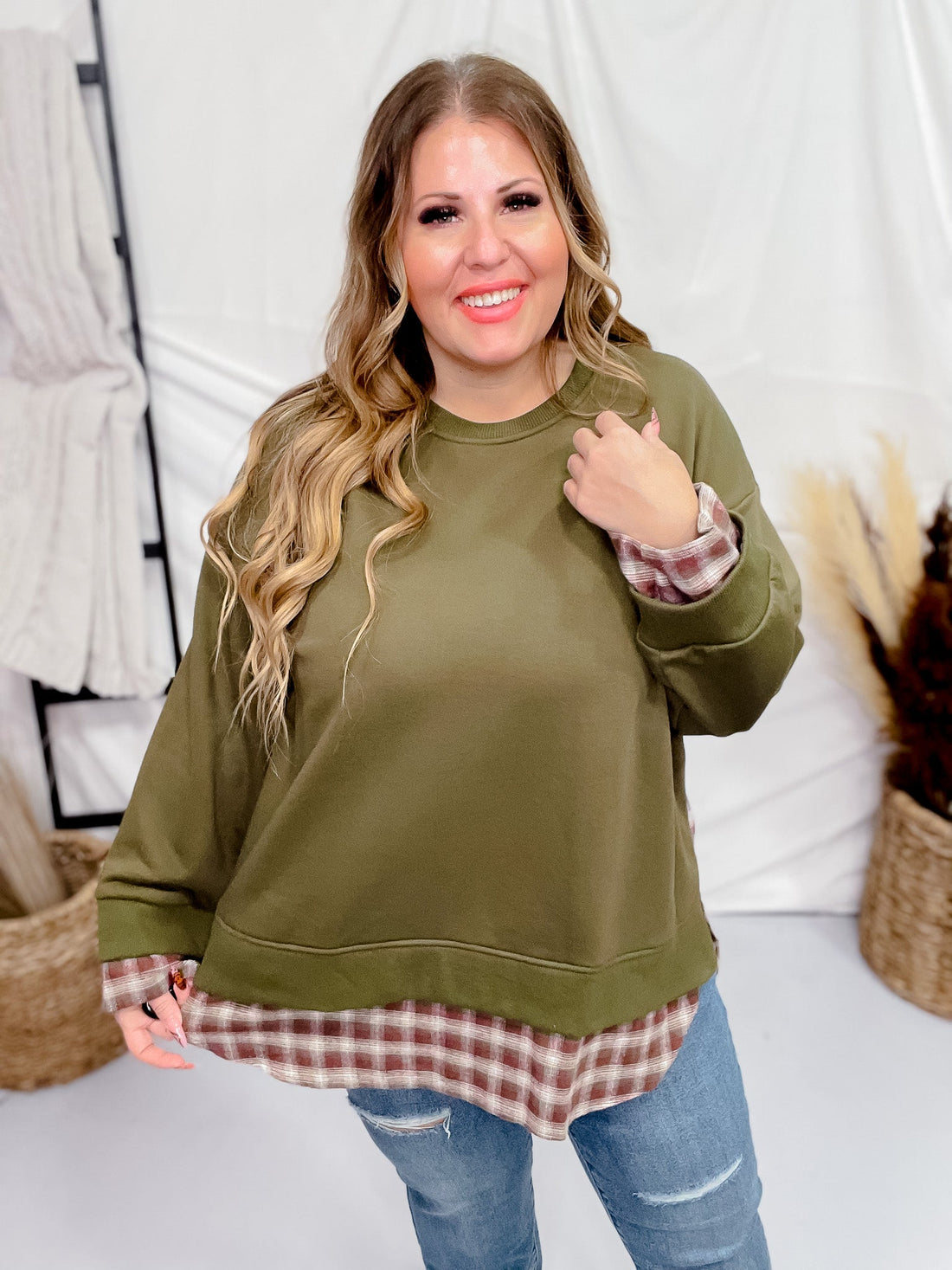 Olive Long Sleeve Sweater With Plaid Layer Contrast - Whiskey Skies - SHE + SKY