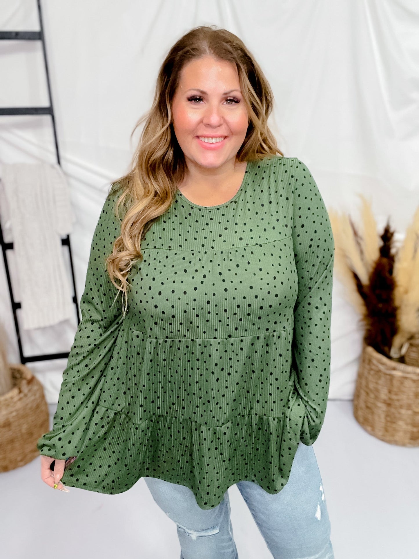 Olive Long Sleeve Tiered Top - Whiskey Skies - HEIMISH