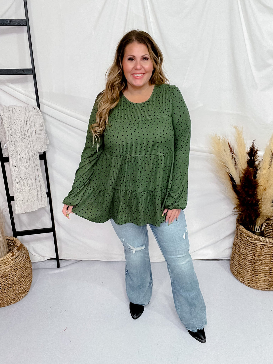 Olive Long Sleeve Tiered Top - Whiskey Skies - HEIMISH