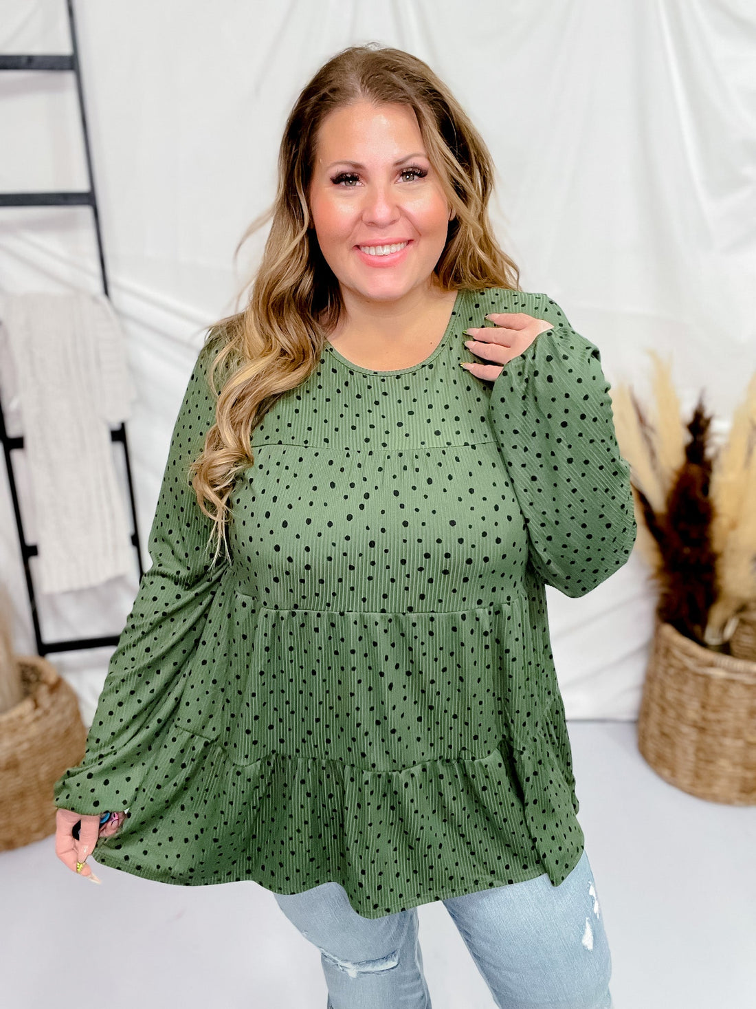 Olive Long Sleeve Tiered Top - Whiskey Skies - HEIMISH