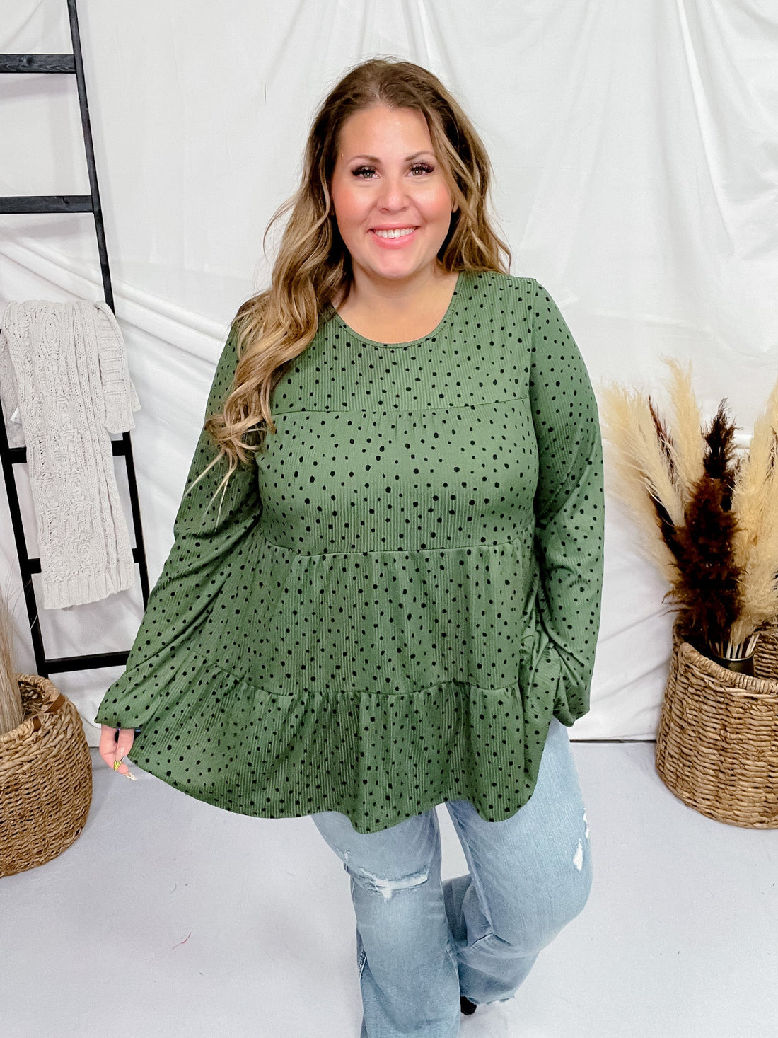 Olive Long Sleeve Tiered Top - Whiskey Skies - HEIMISH