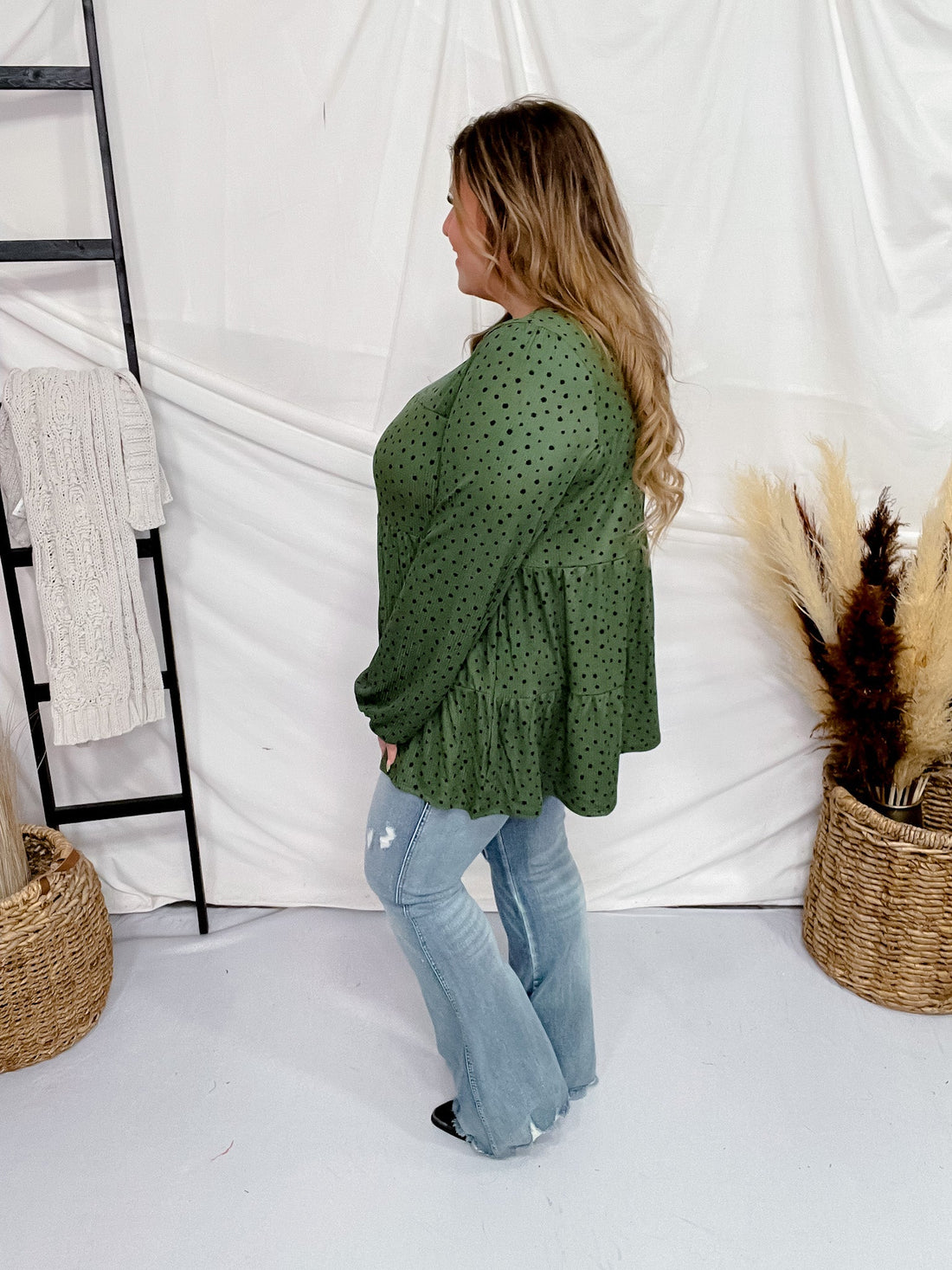 Olive Long Sleeve Tiered Top - Whiskey Skies - HEIMISH