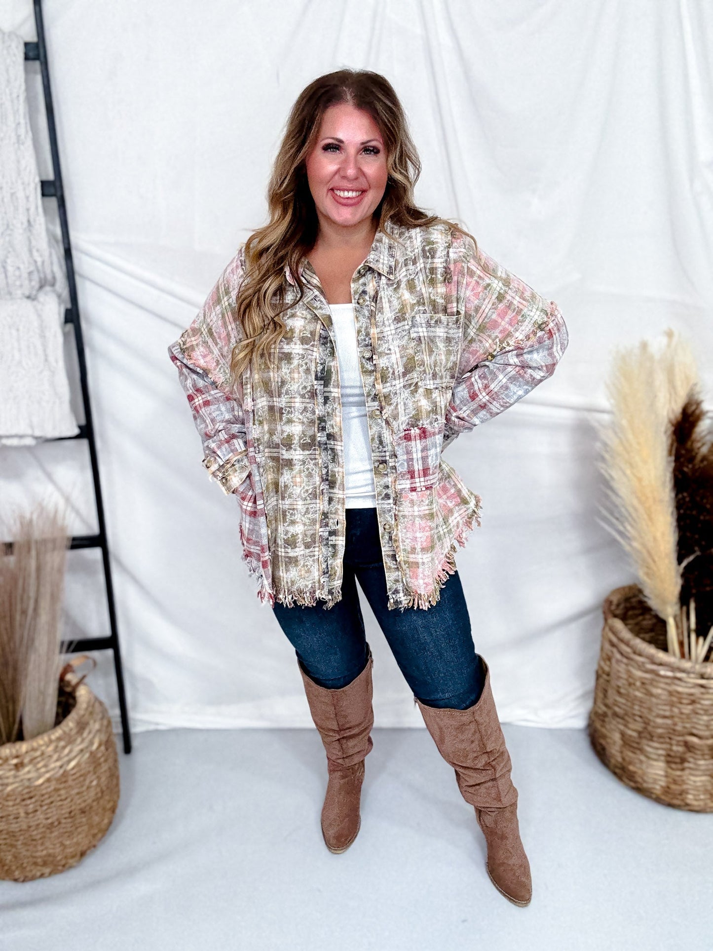 Olive & Mixed Color Washed Plaid Button Down Long Sleeve Shirt - Whiskey Skies - OLI & HALI