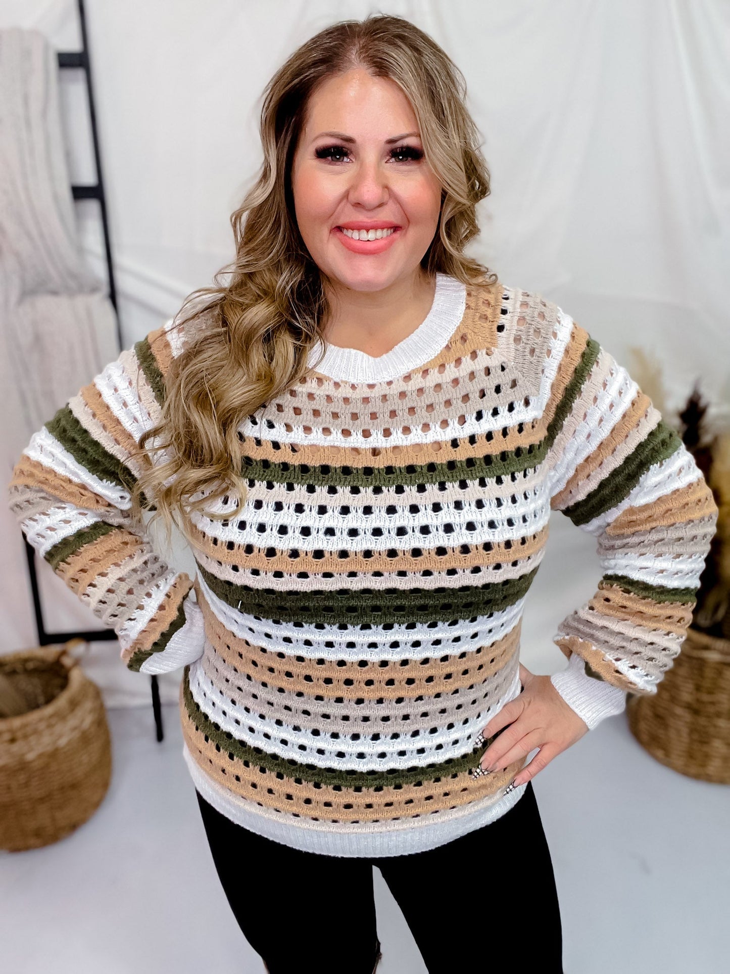 Olive Multi Striped Crochet Knit Sweater - Whiskey Skies - GEEGEE