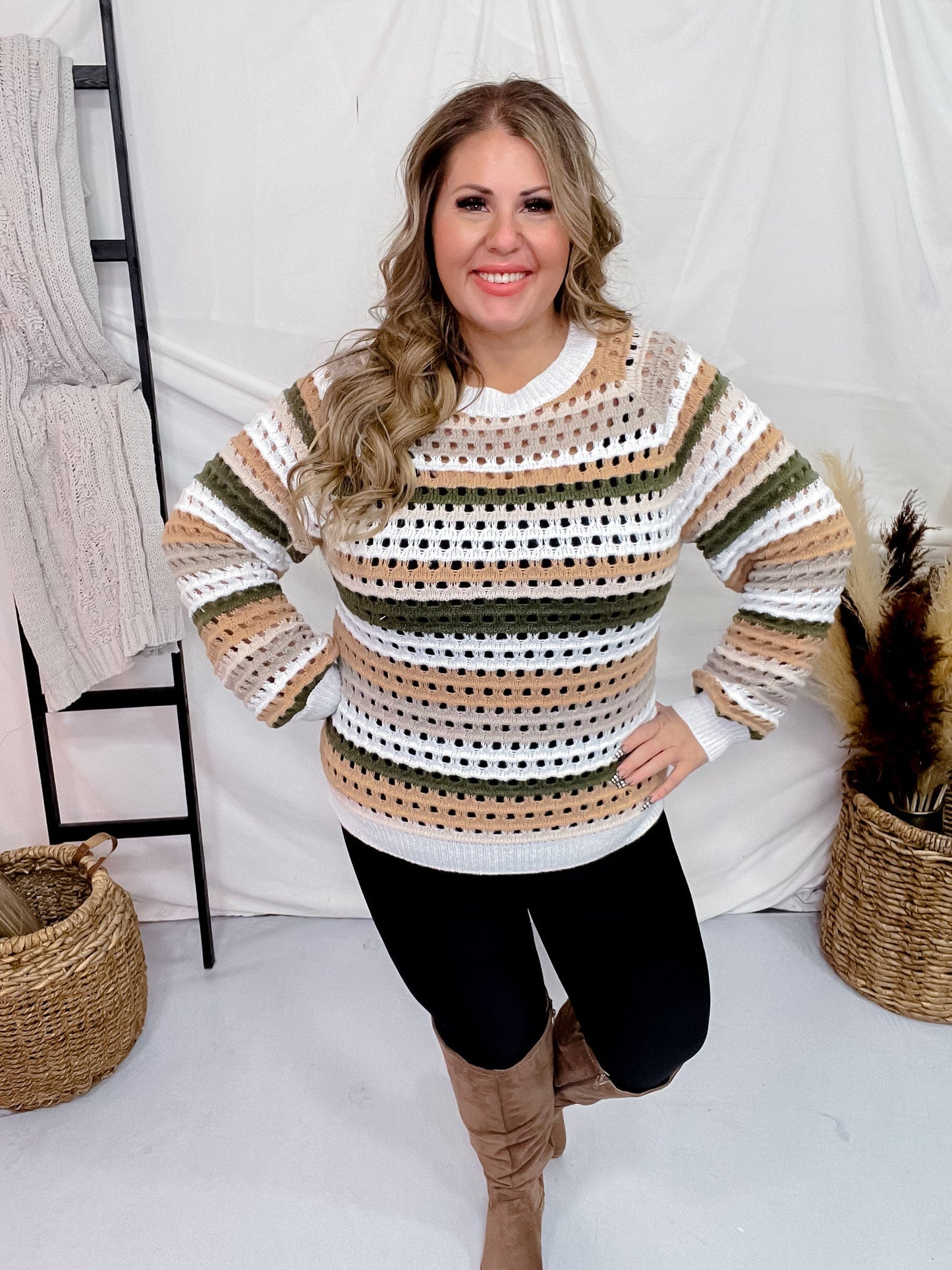 Olive Multi Striped Crochet Knit Sweater - Whiskey Skies - GEEGEE