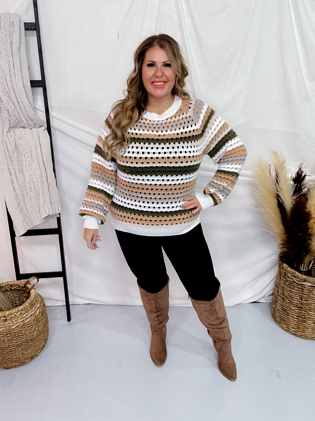 Olive Multi Striped Crochet Knit Sweater - Whiskey Skies - GEEGEE