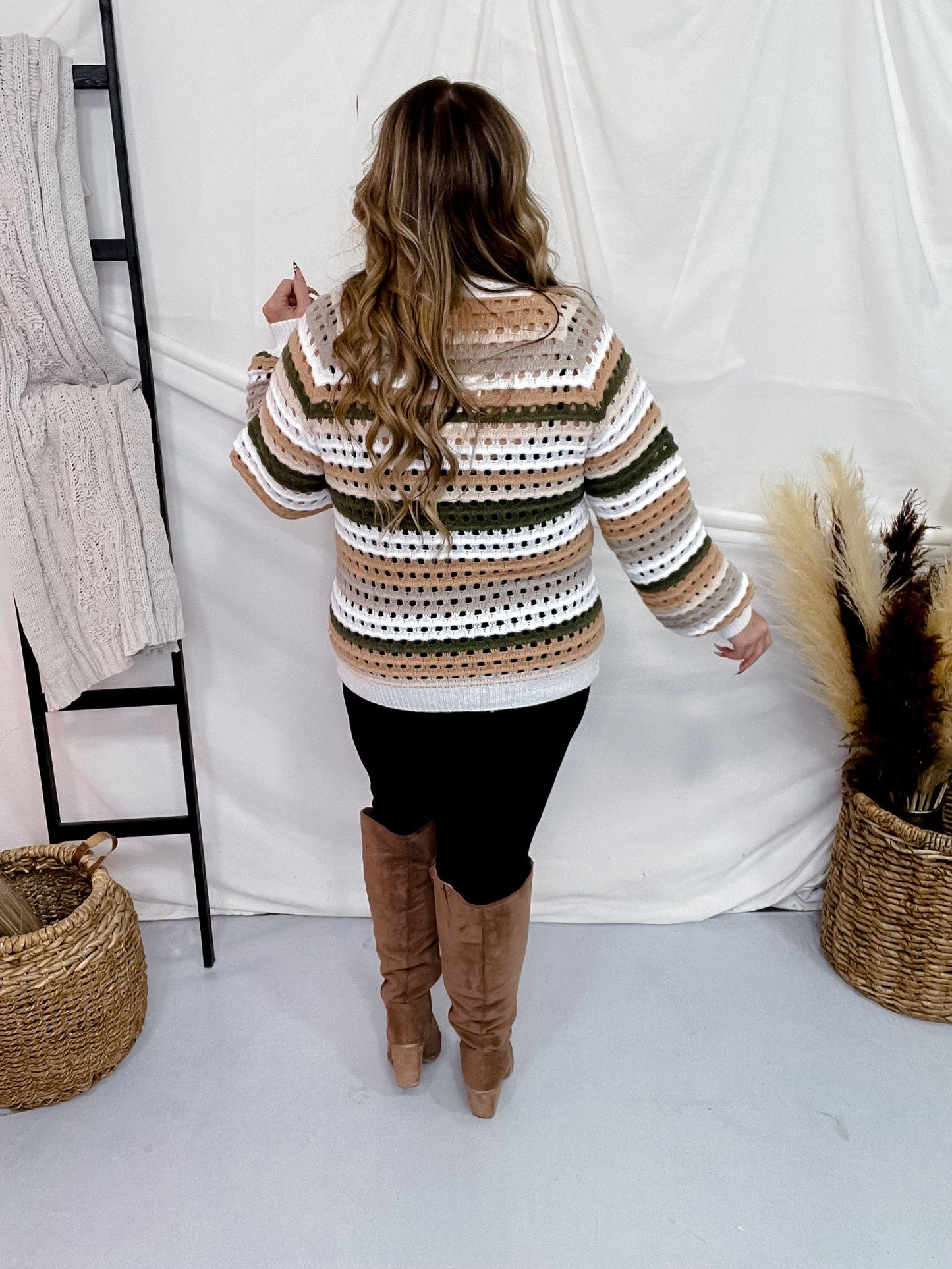 Olive Multi Striped Crochet Knit Sweater - Whiskey Skies - GEEGEE