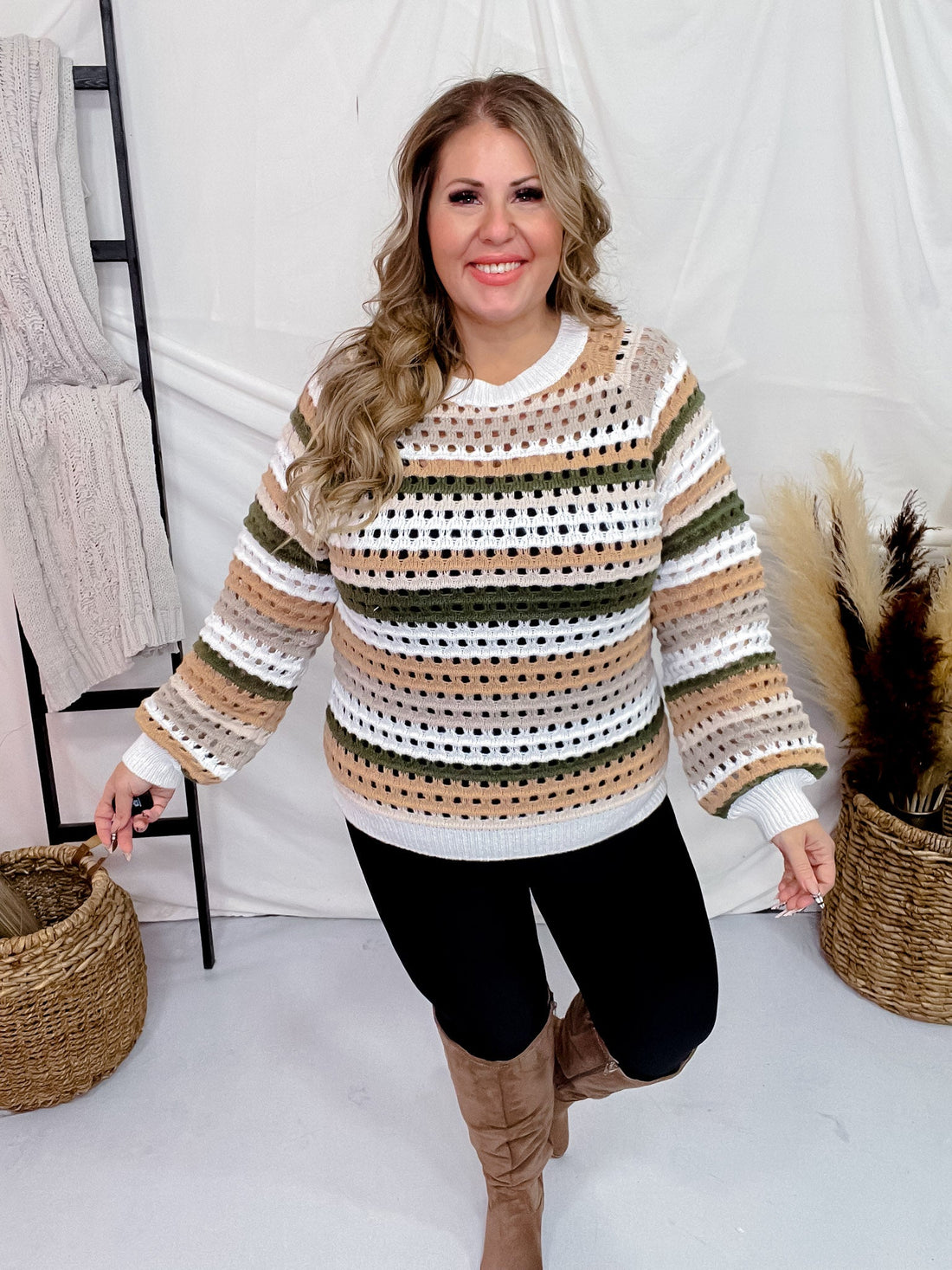 Olive Multi Striped Crochet Knit Sweater - Whiskey Skies - GEEGEE