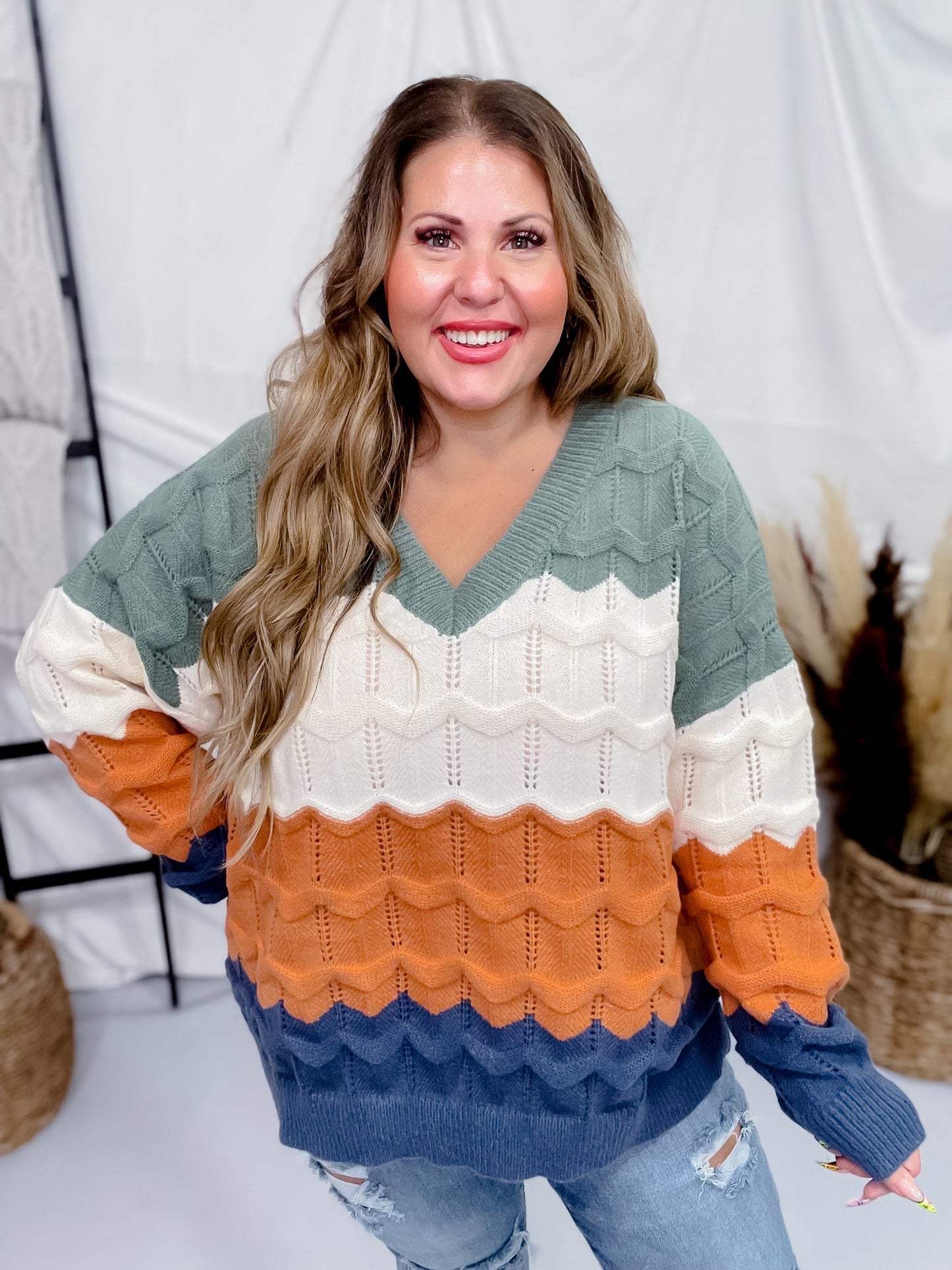 Olive & Orange V - Neck Long Sleeve Sweater - Whiskey Skies - DAVI & DANI