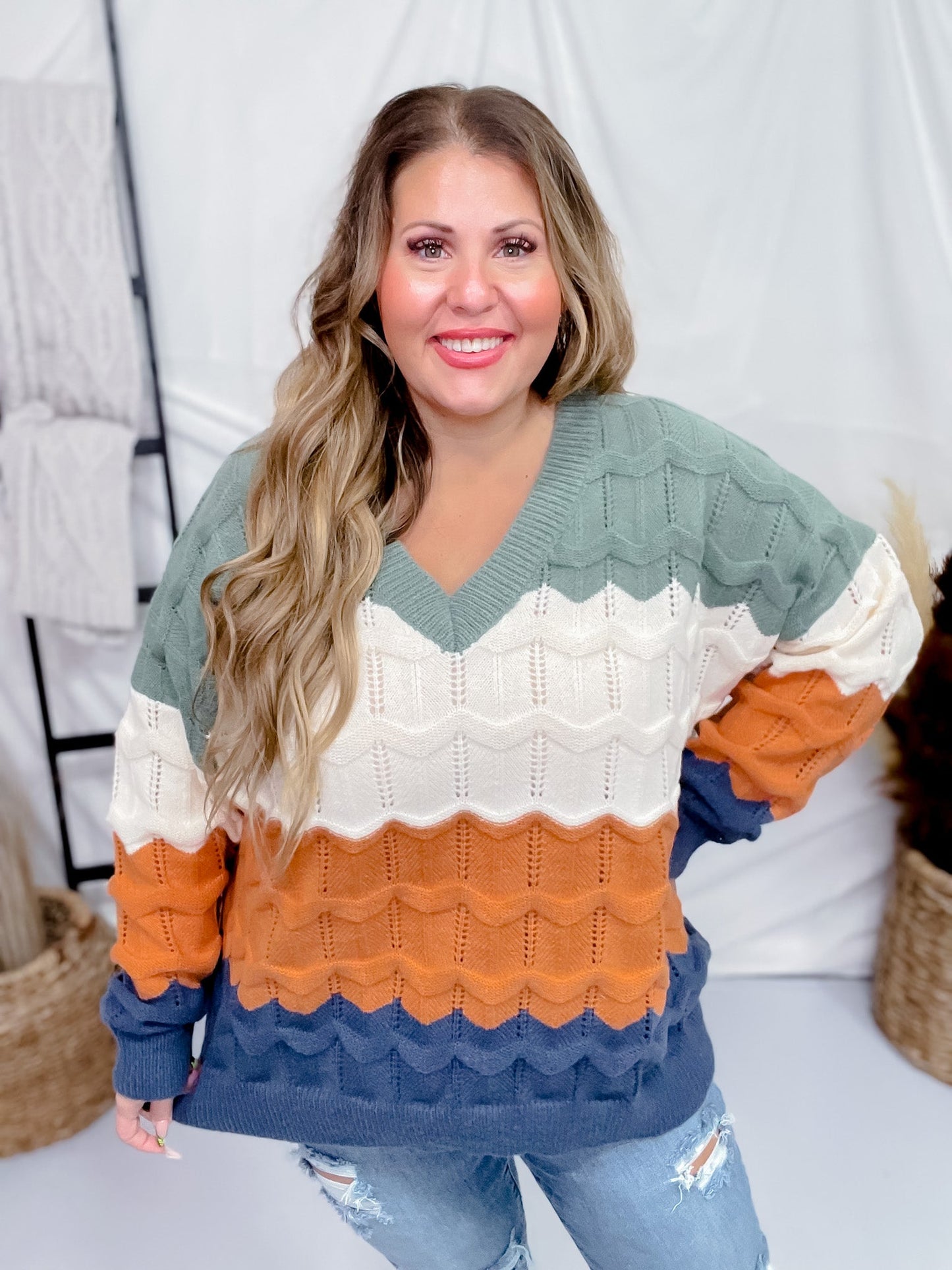 Olive & Orange V - Neck Long Sleeve Sweater - Whiskey Skies - DAVI & DANI