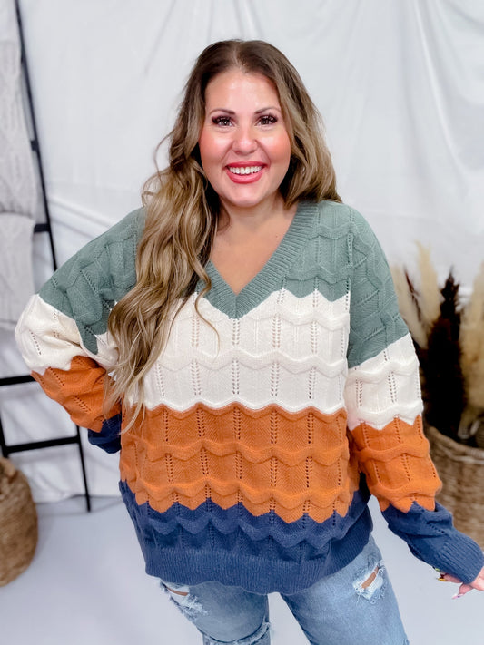 Olive & Orange V - Neck Long Sleeve Sweater - Whiskey Skies - DAVI & DANI