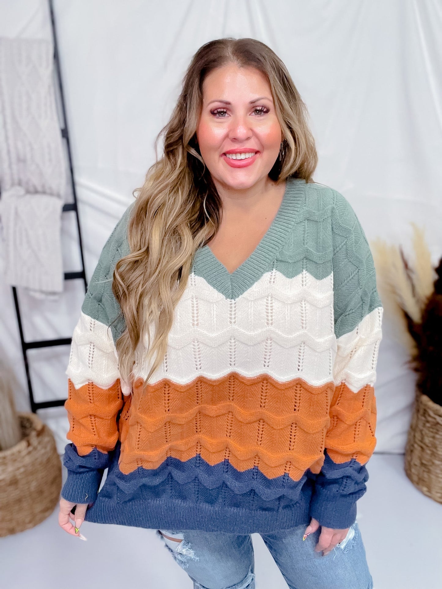 Olive & Orange V - Neck Long Sleeve Sweater - Whiskey Skies - DAVI & DANI