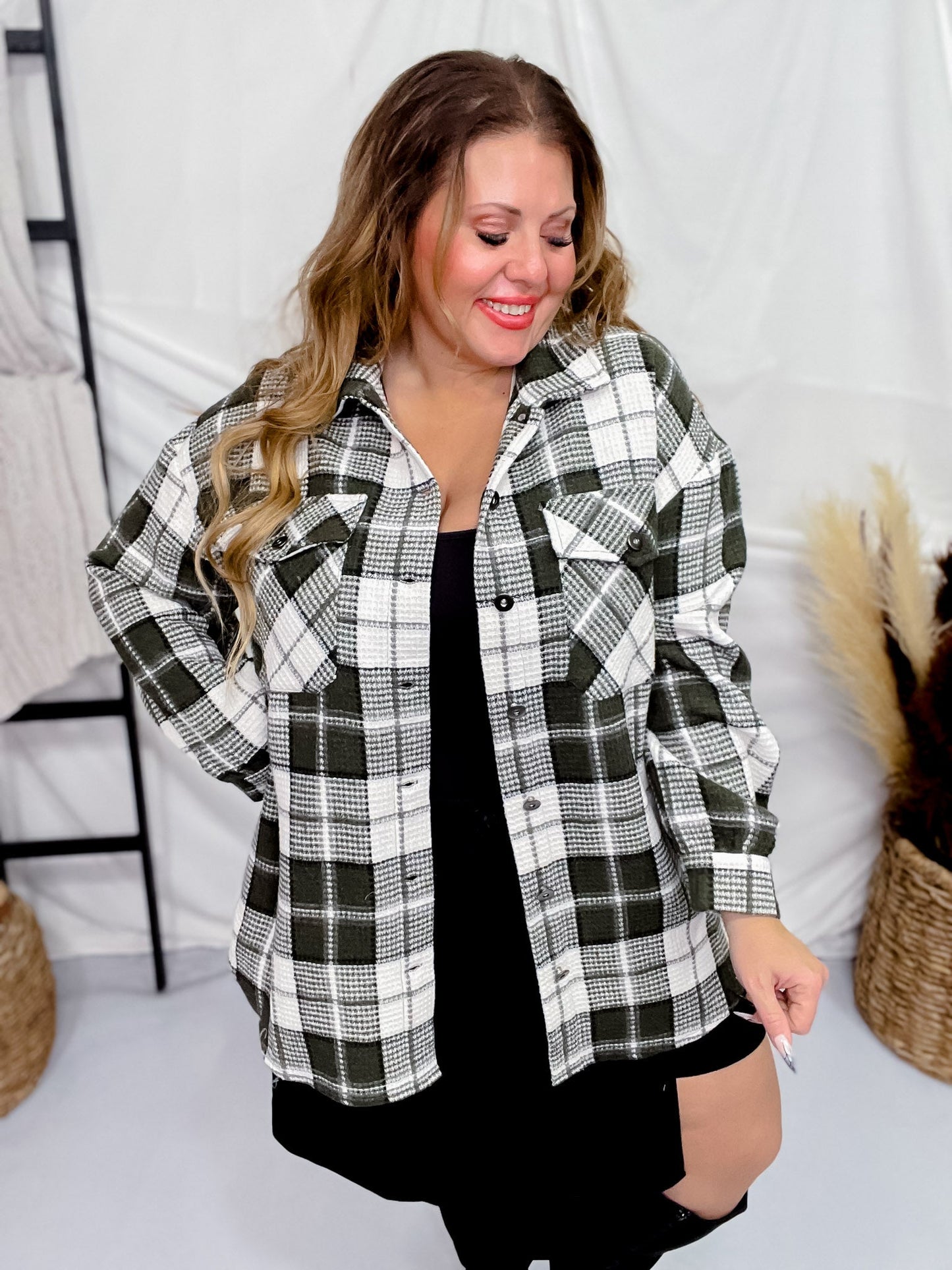 Olive Plaid Long Sleeve Button Front Shacket - Whiskey Skies - SHE + SKY