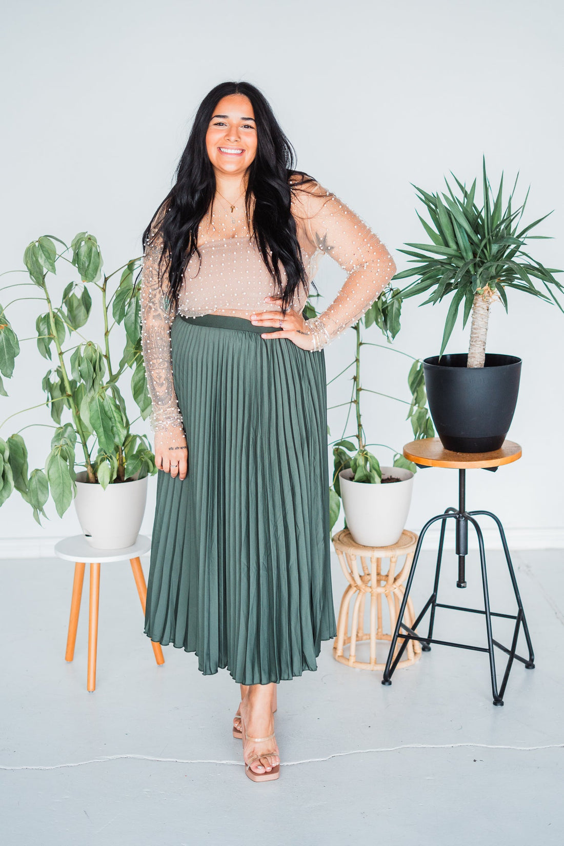 Olive Pleated Skirt with Elastic Waistband - Whiskey Skies - KORI AMERICA