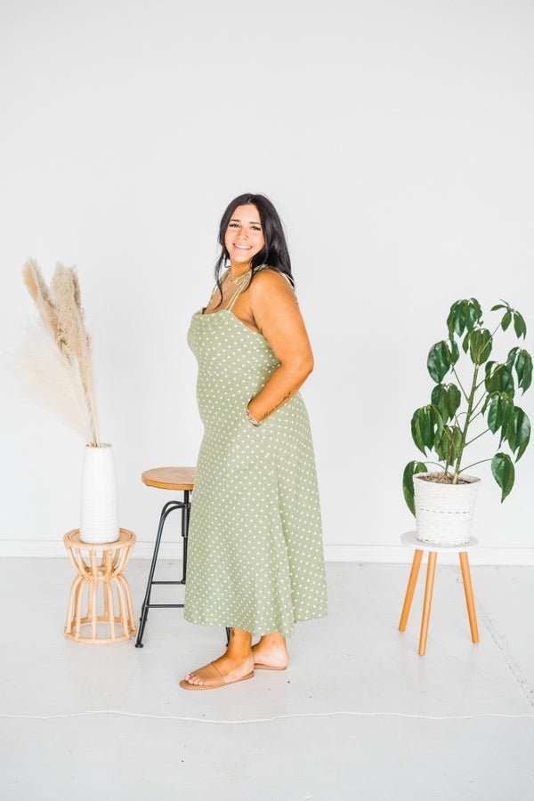 Olive Polka Dot Tie Spaghetti Strap Maxi Dress - Whiskey Skies - J.NNA