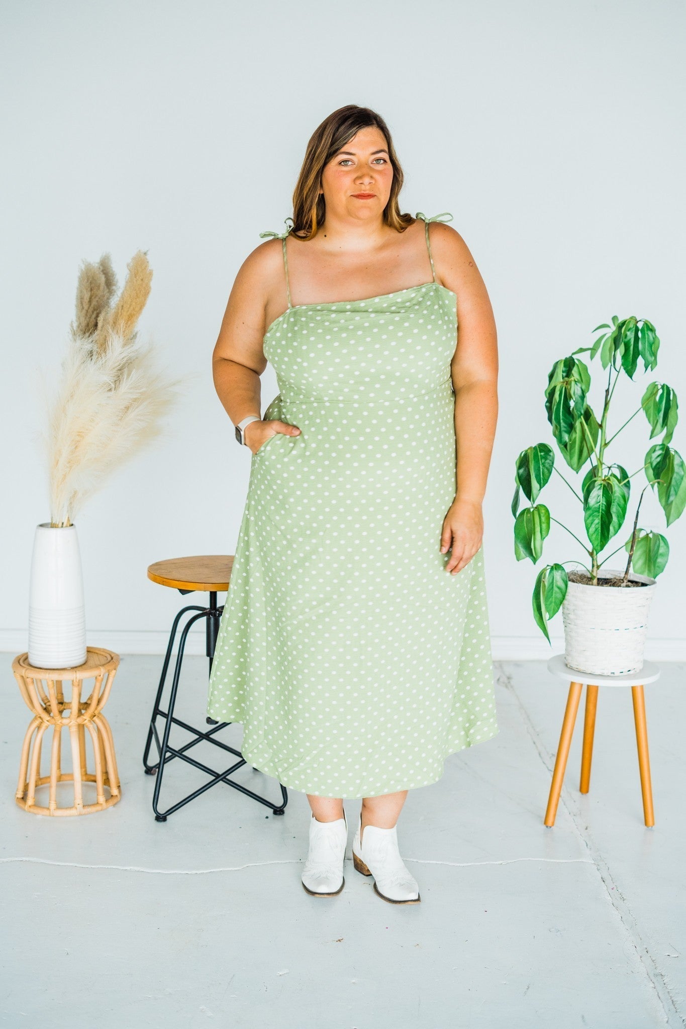 Olive Polka Dot Tie Spaghetti Strap Maxi Dress - Whiskey Skies - J.NNA