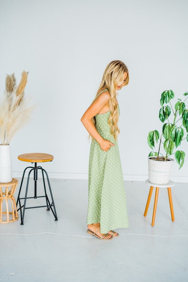 Olive Polka Dot Tie Spaghetti Strap Maxi Dress - Whiskey Skies - J.NNA