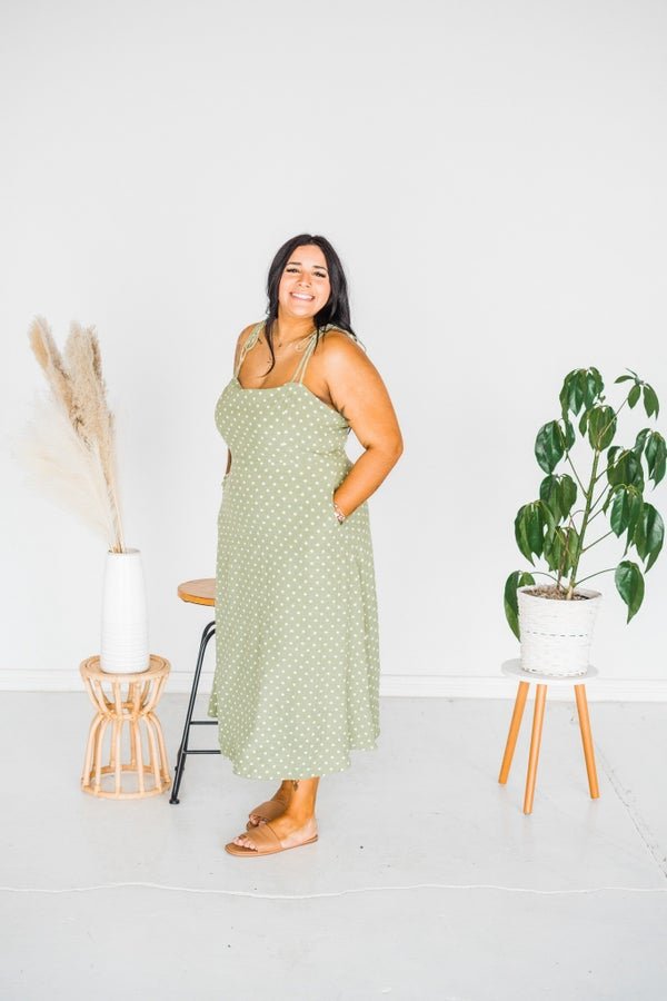 Olive Polka Dot Tie Spaghetti Strap Maxi Dress - Whiskey Skies - J.NNA