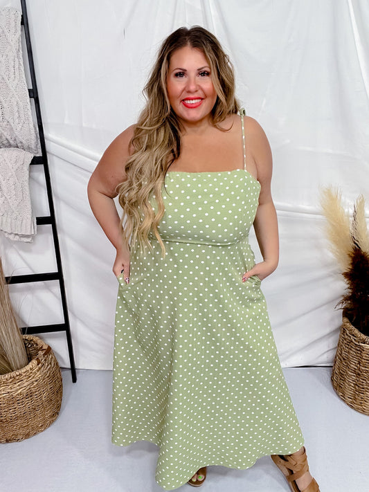 Olive Polka Dot Tie Spaghetti Strap Maxi Dress - Whiskey Skies - J.NNA