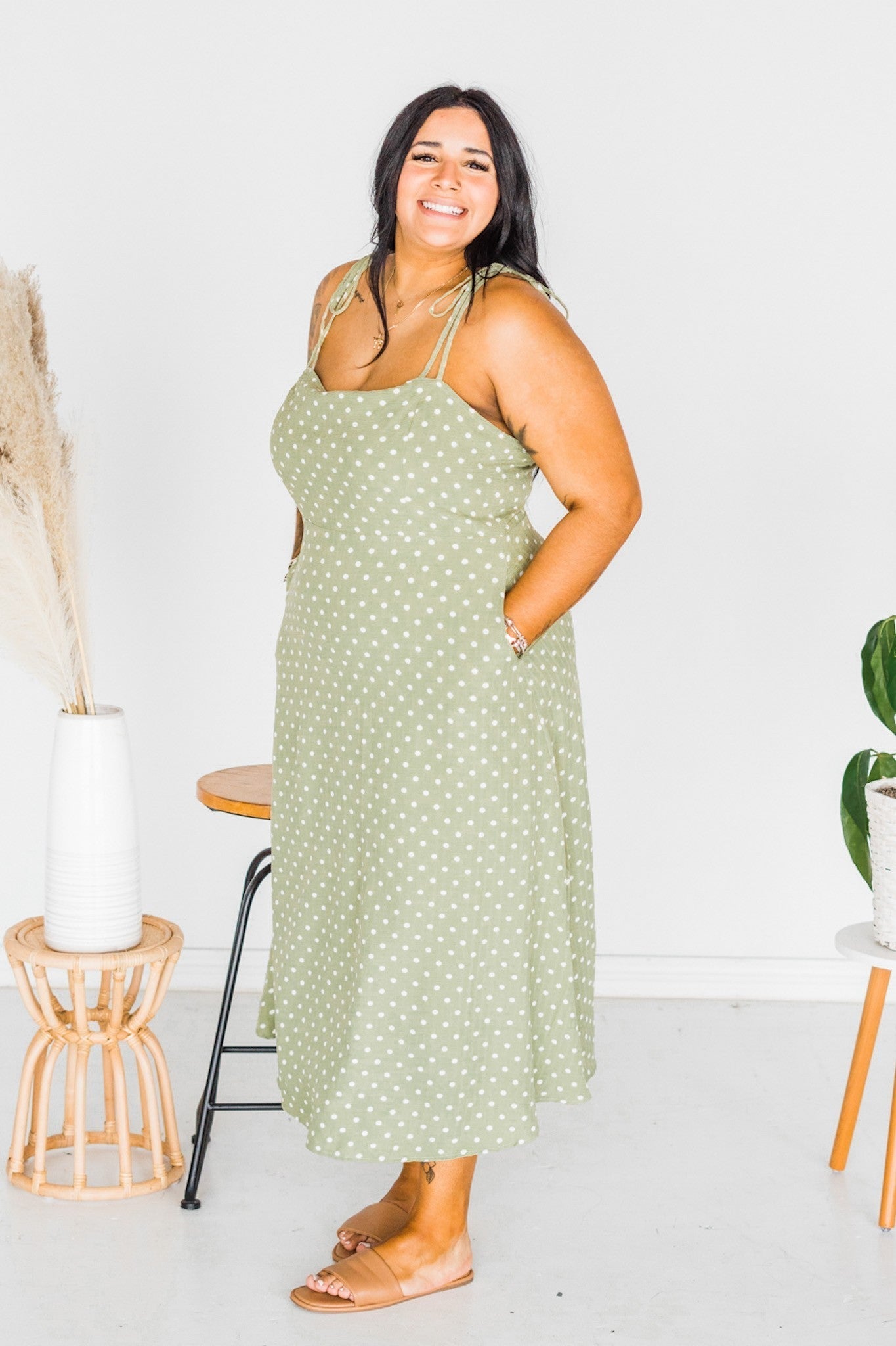 Olive Polka Dot Tie Spaghetti Strap Maxi Dress - Whiskey Skies - J.NNA