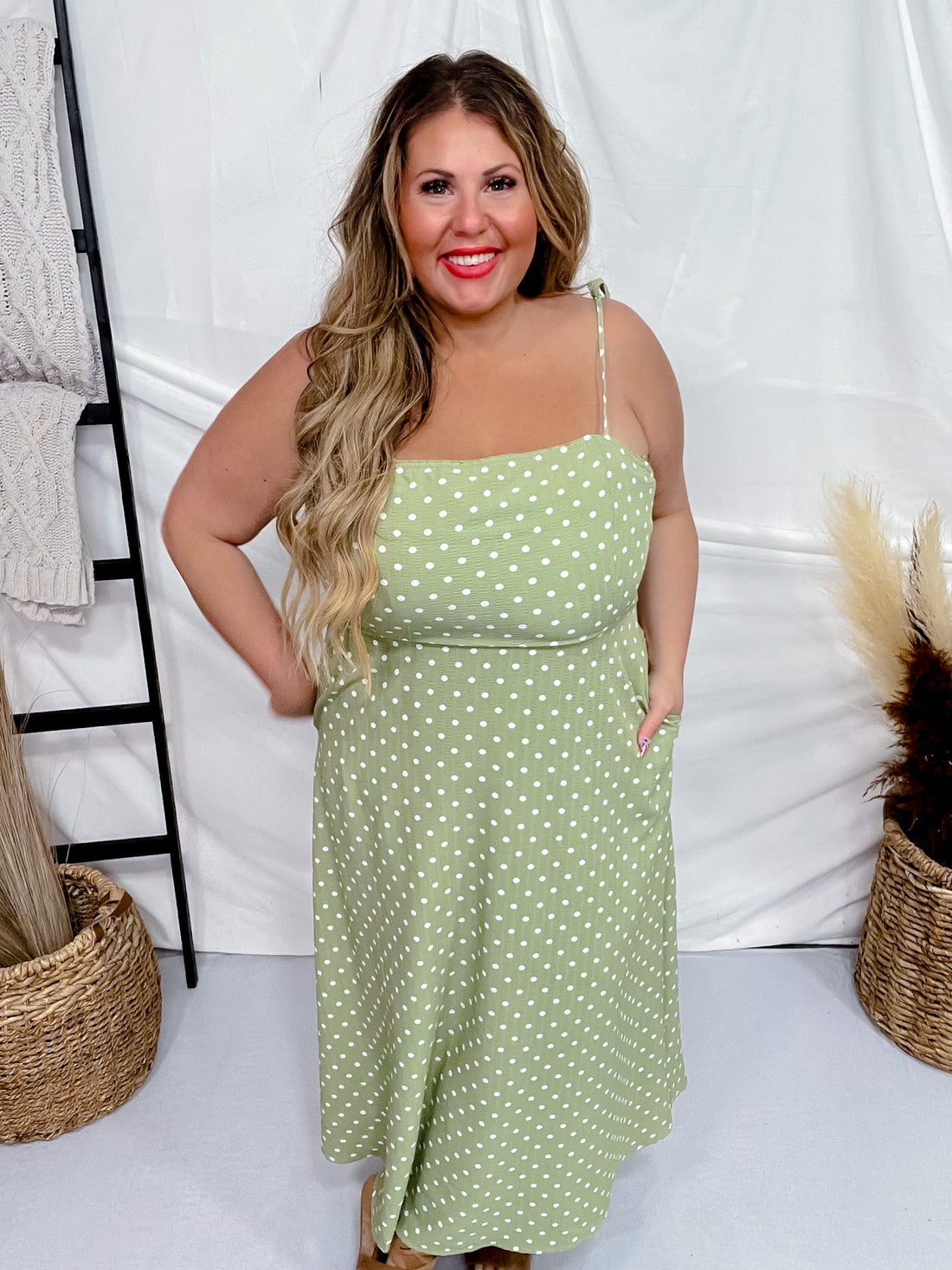 Olive Polka Dot Tie Spaghetti Strap Maxi Dress - Whiskey Skies - J.NNA