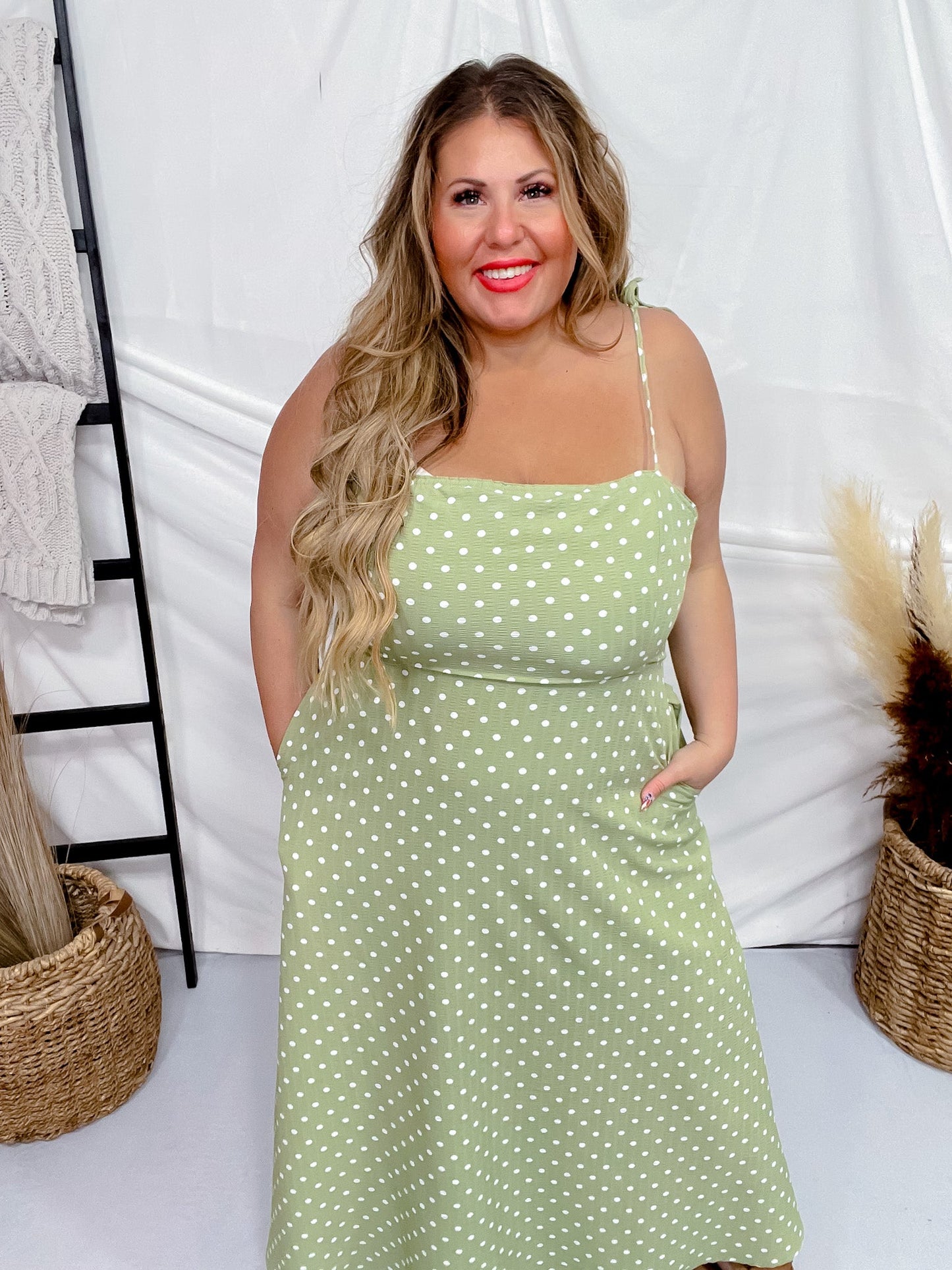 Olive Polka Dot Tie Spaghetti Strap Maxi Dress - Whiskey Skies - J.NNA