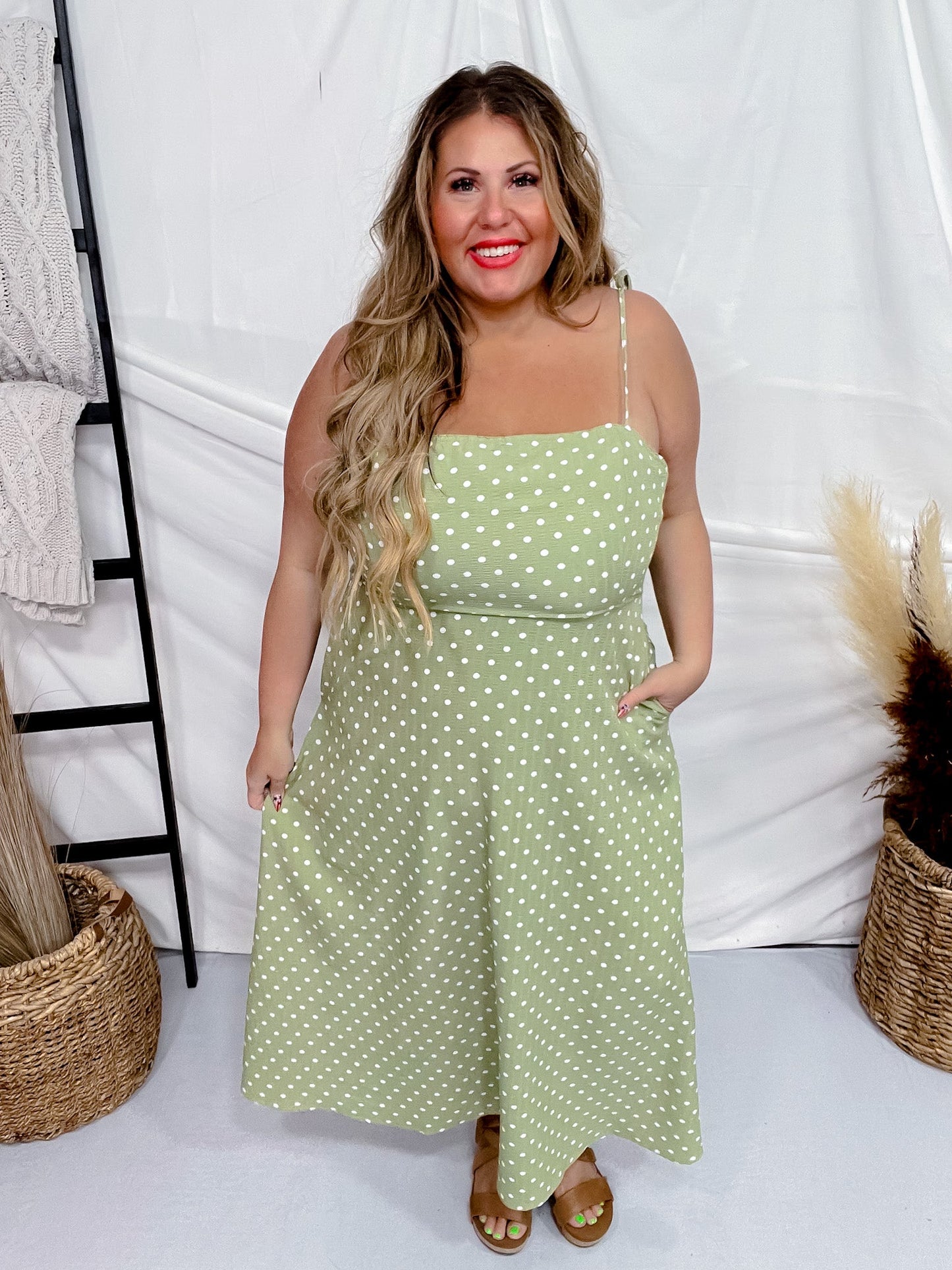 Olive Polka Dot Tie Spaghetti Strap Maxi Dress - Whiskey Skies - J.NNA