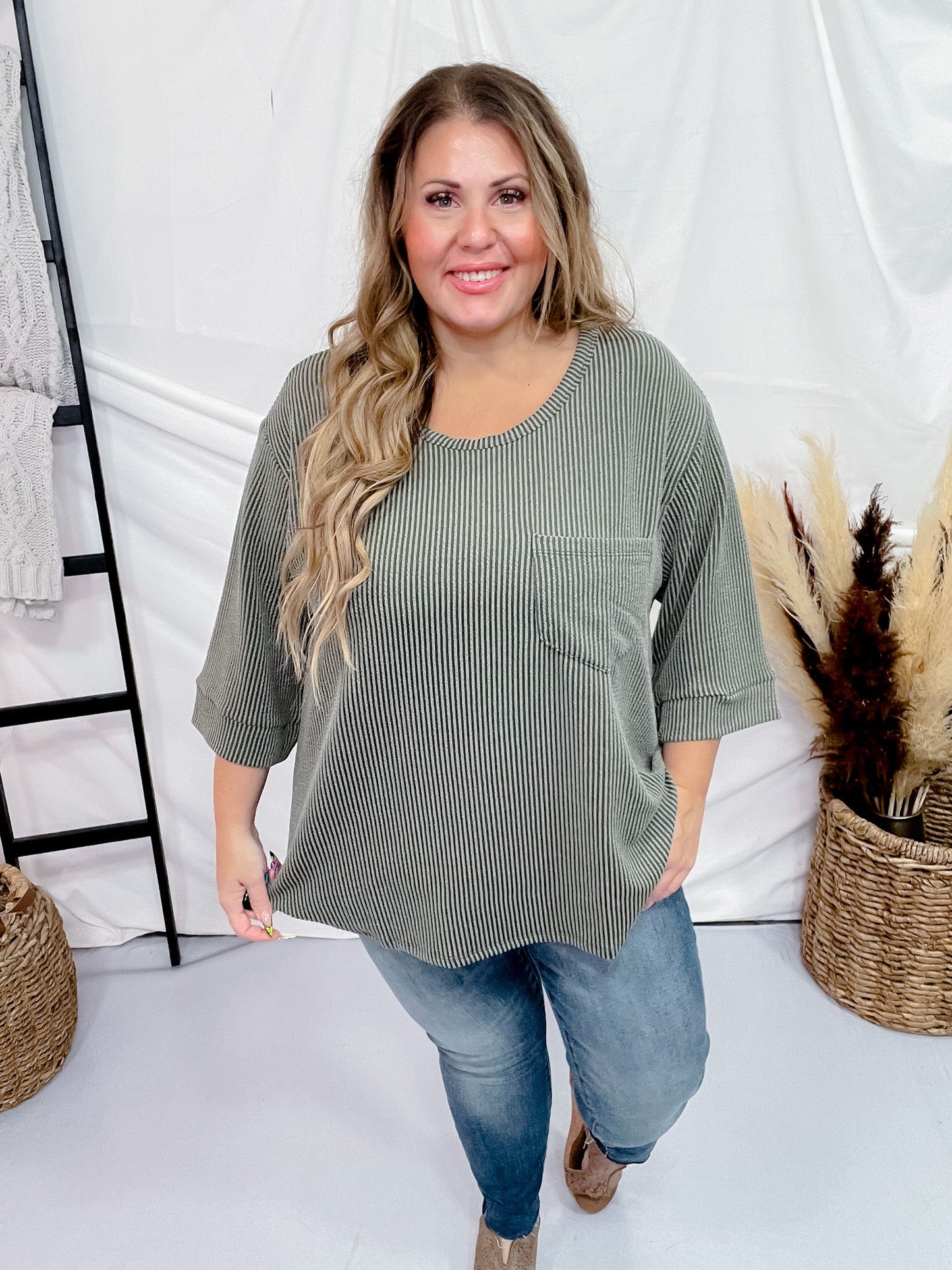 Olive Ribbed 3/4 Sleeve Boxy Top - Whiskey Skies - ANDREE BY UNIT