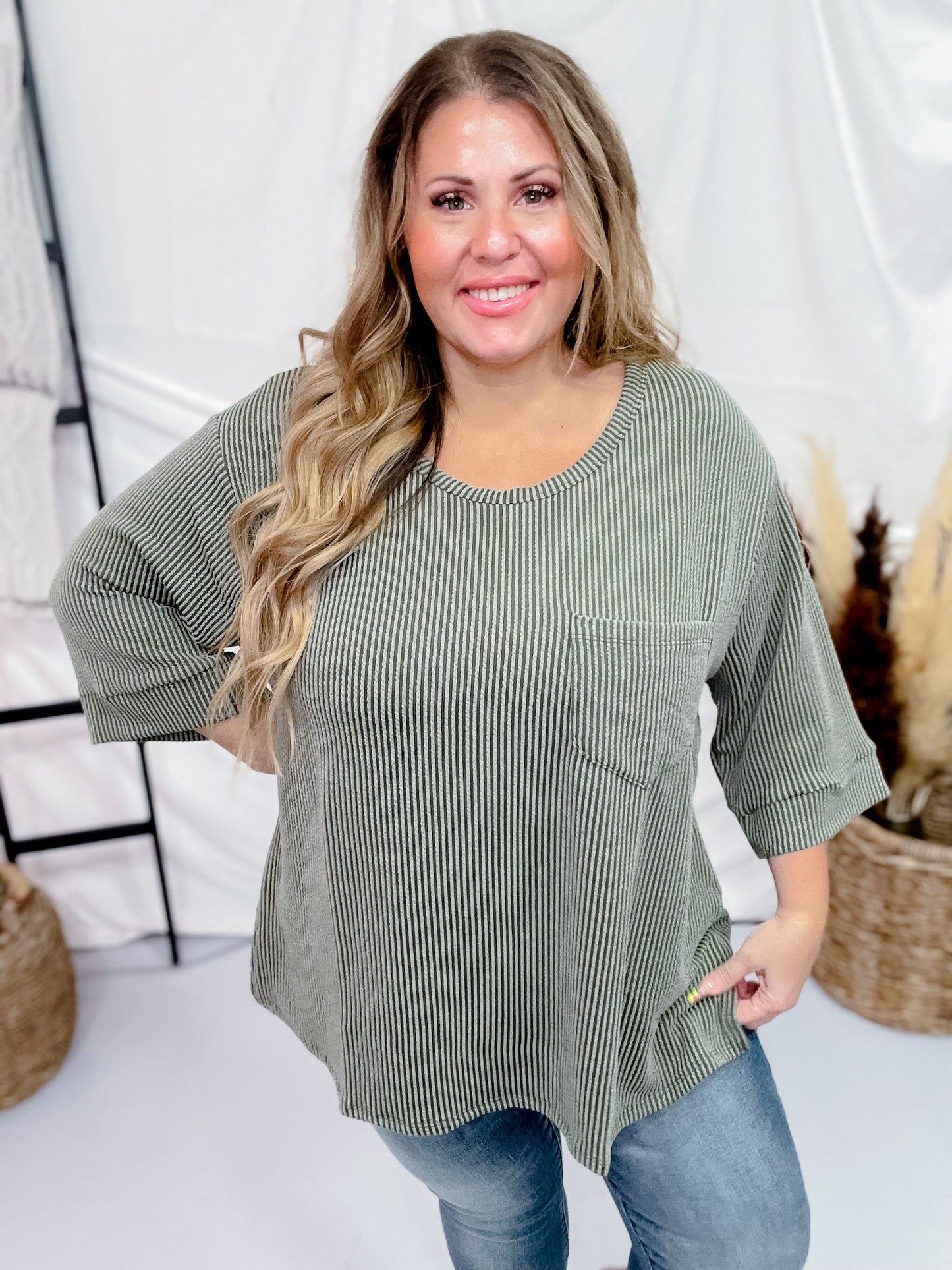 Olive Ribbed 3/4 Sleeve Boxy Top - Whiskey Skies - ANDREE BY UNIT