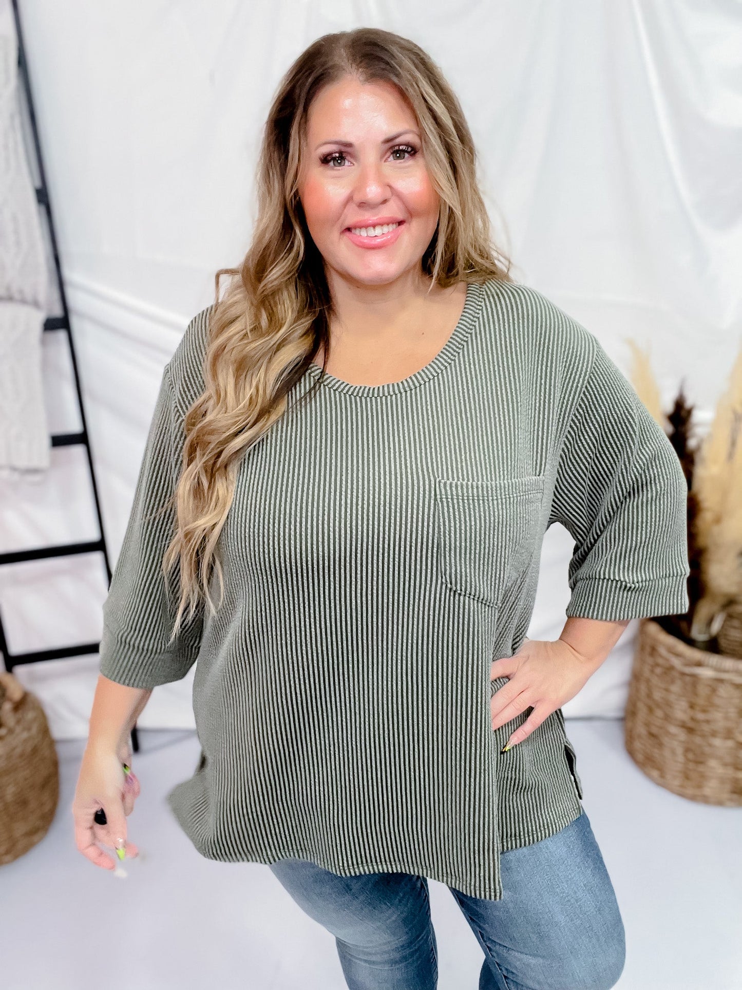 Olive Ribbed 3/4 Sleeve Boxy Top - Whiskey Skies - ANDREE BY UNIT