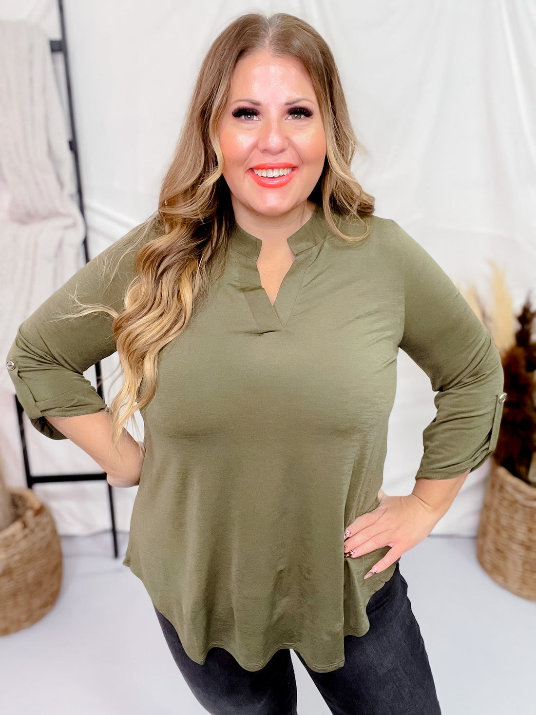 Olive Signature 3/4 Sleeve Lizzy Top - Whiskey Skies - DEAR SCARLETT