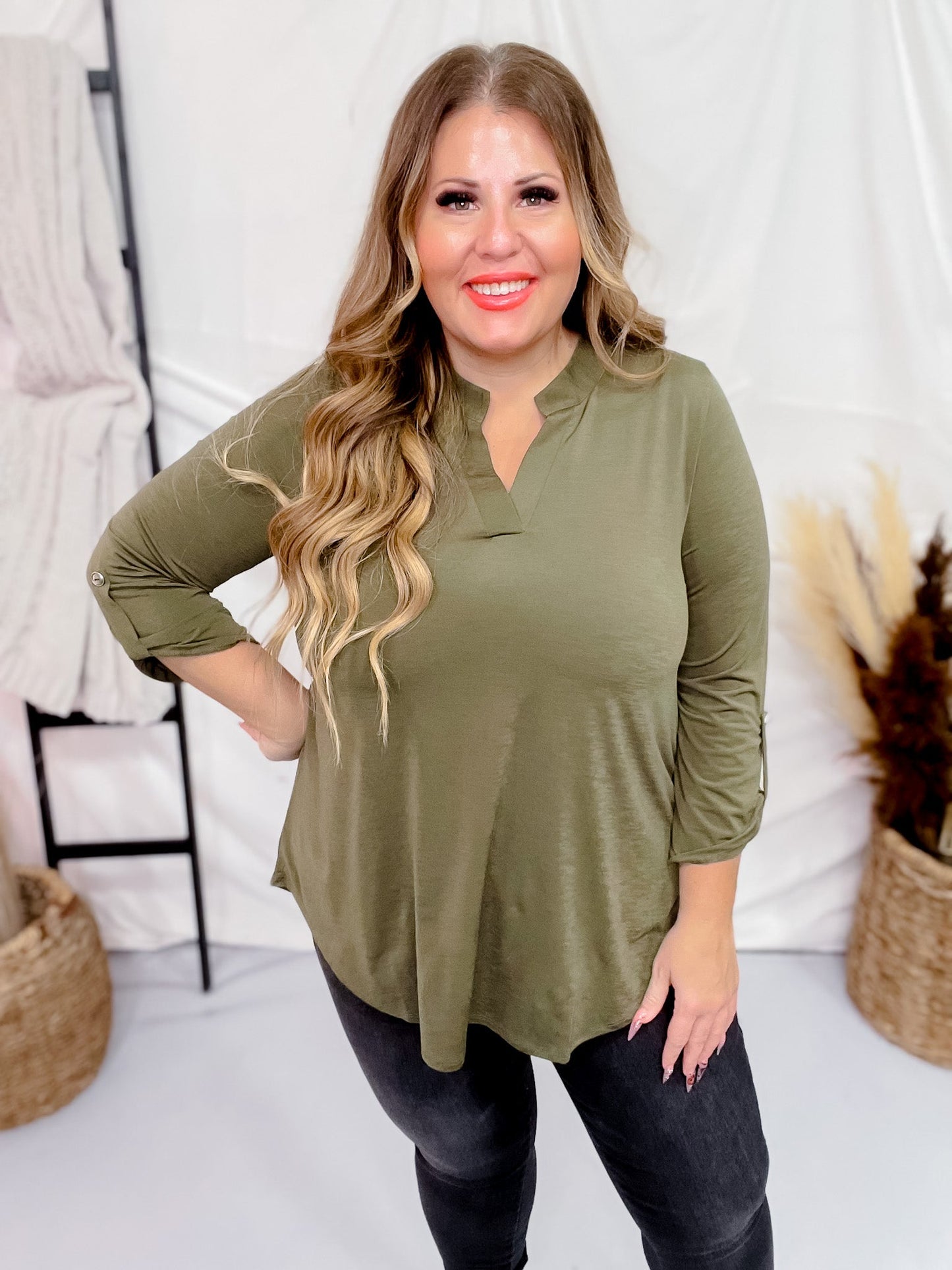 Olive Signature 3/4 Sleeve Lizzy Top - Whiskey Skies - DEAR SCARLETT