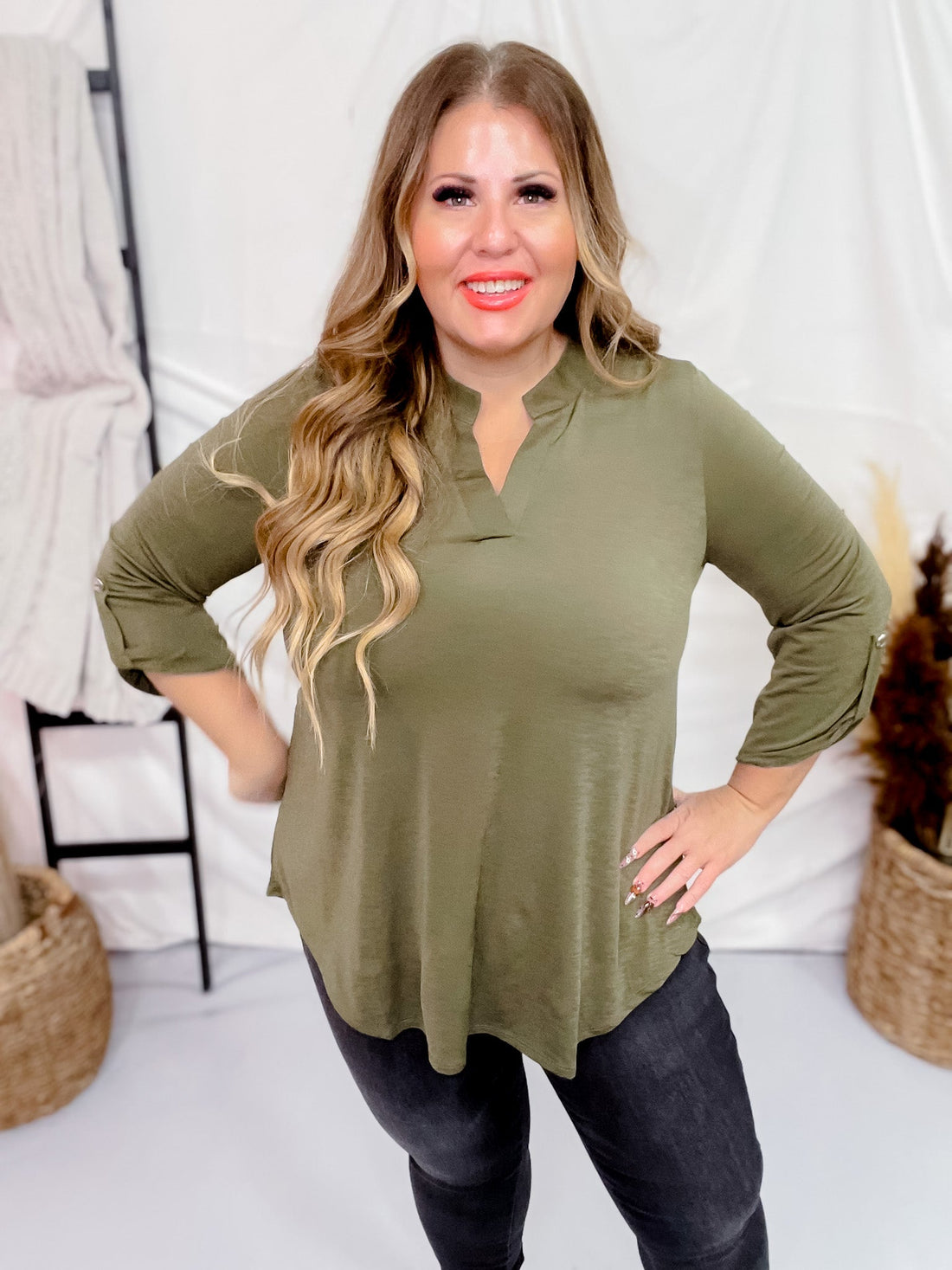 Olive Signature 3/4 Sleeve Lizzy Top - Whiskey Skies - DEAR SCARLETT