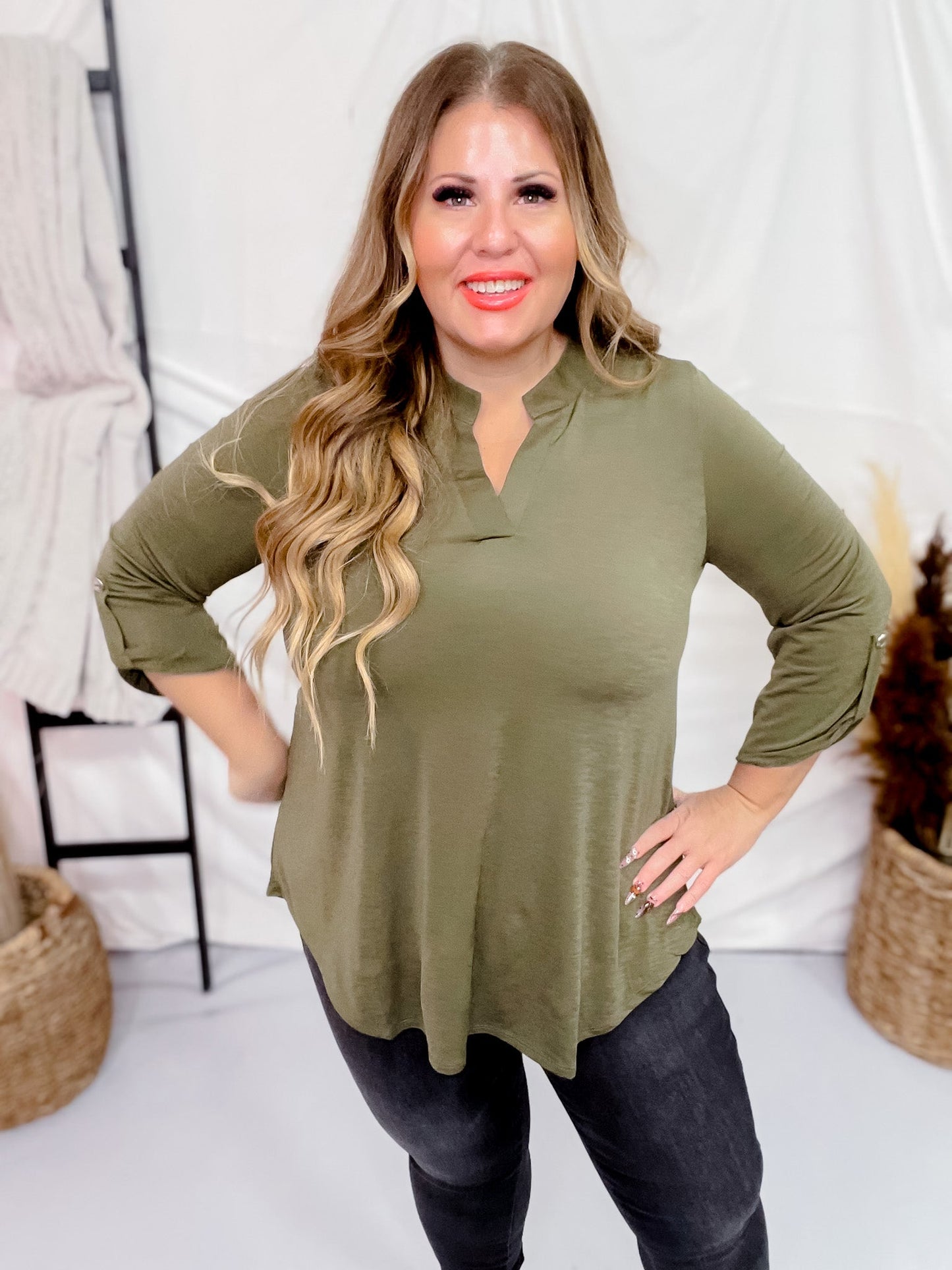 Olive Signature 3/4 Sleeve Lizzy Top - Whiskey Skies - DEAR SCARLETT