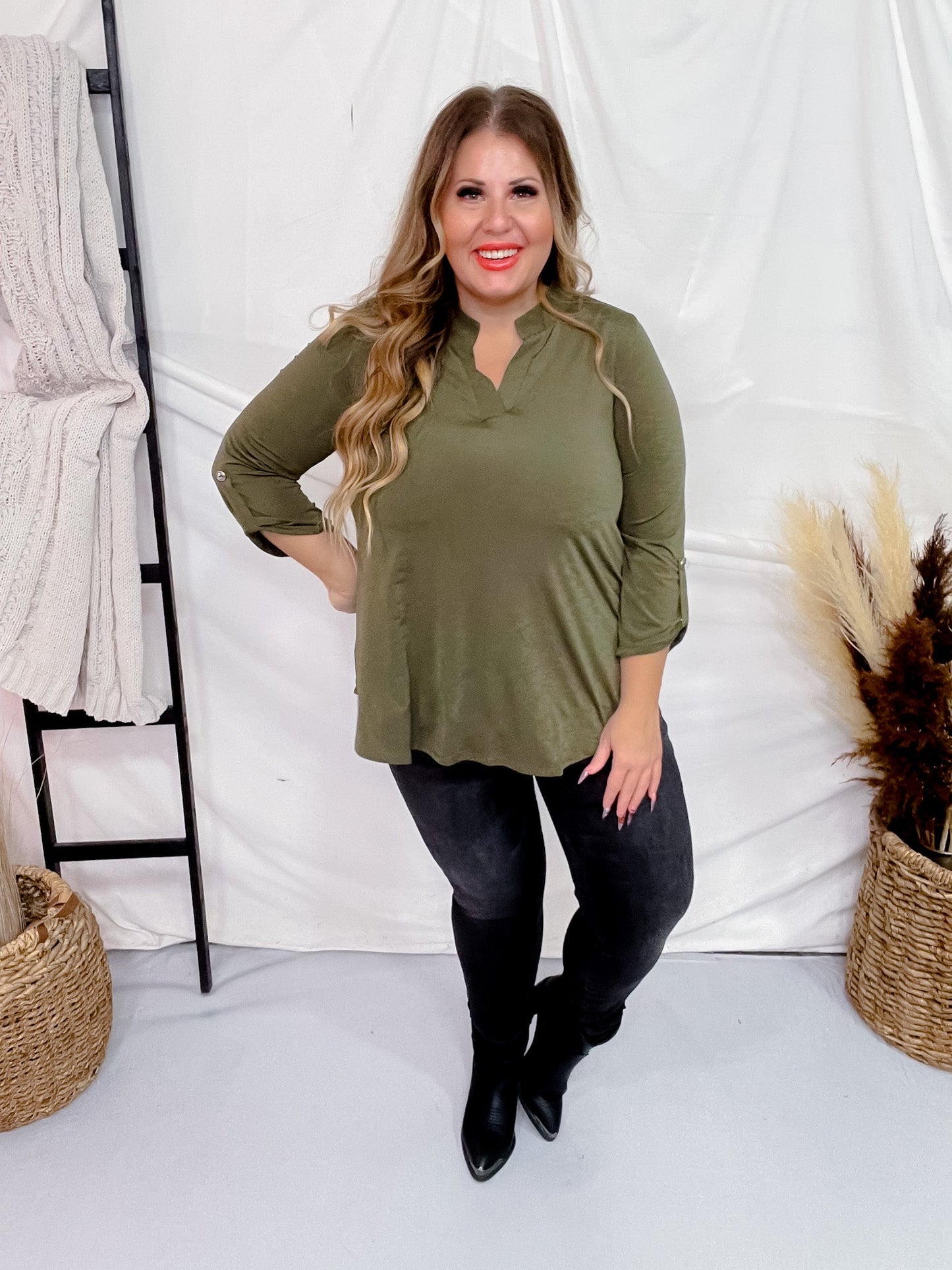 Olive Signature 3/4 Sleeve Lizzy Top - Whiskey Skies - DEAR SCARLETT