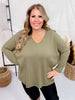 Olive Textured 3/4 Sleeve Keyhole Top - Whiskey Skies - BE STAGE