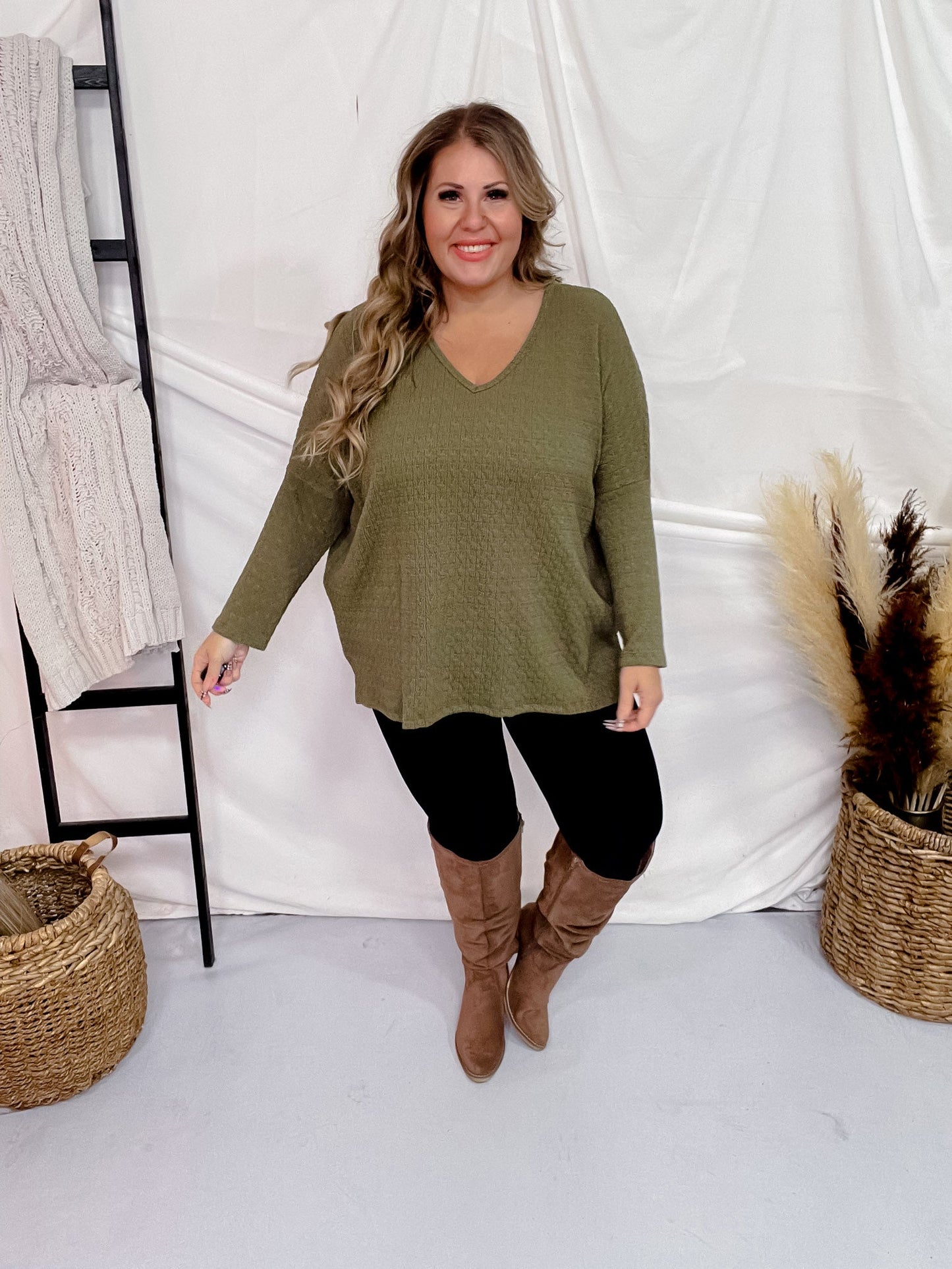 Olive Textured 3/4 Sleeve Keyhole Top - Whiskey Skies - BE STAGE