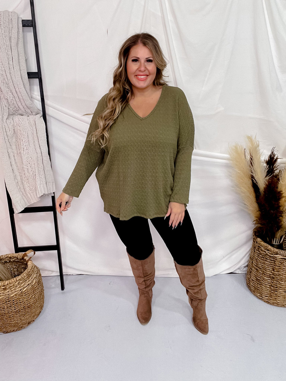 Olive Textured 3/4 Sleeve Keyhole Top - Whiskey Skies - BE STAGE