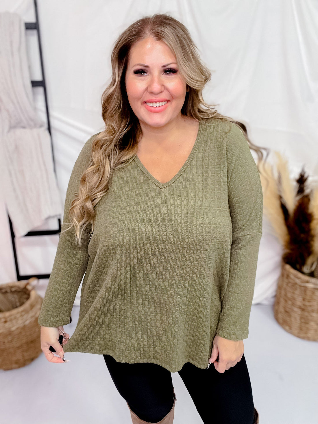 Olive Textured 3/4 Sleeve Keyhole Top - Whiskey Skies - BE STAGE